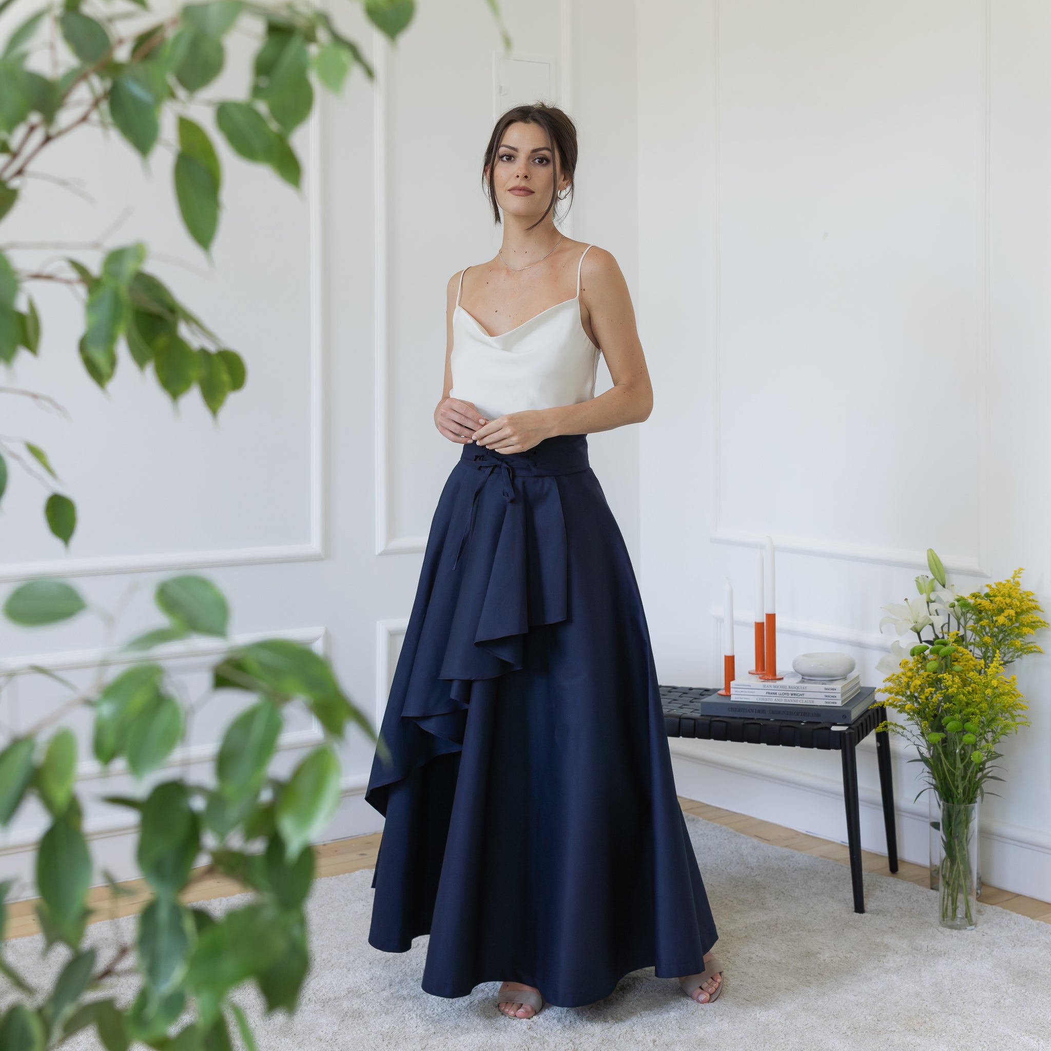 Front view of maxi cotton skirt in dark blue