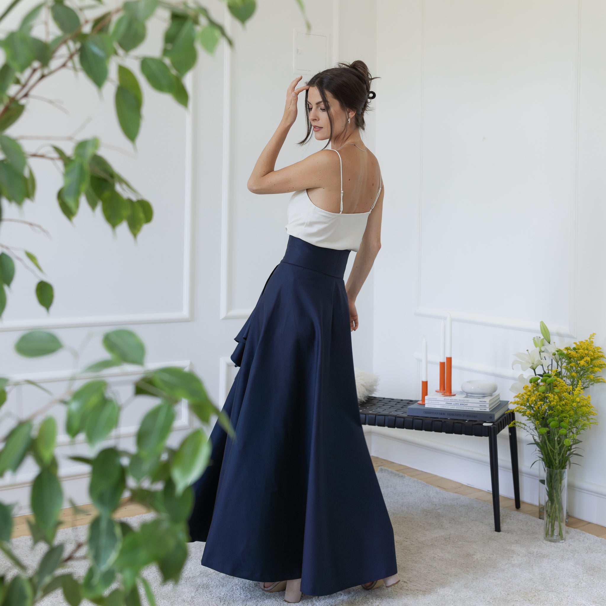 Side view of maxi cotton dark blue skirt