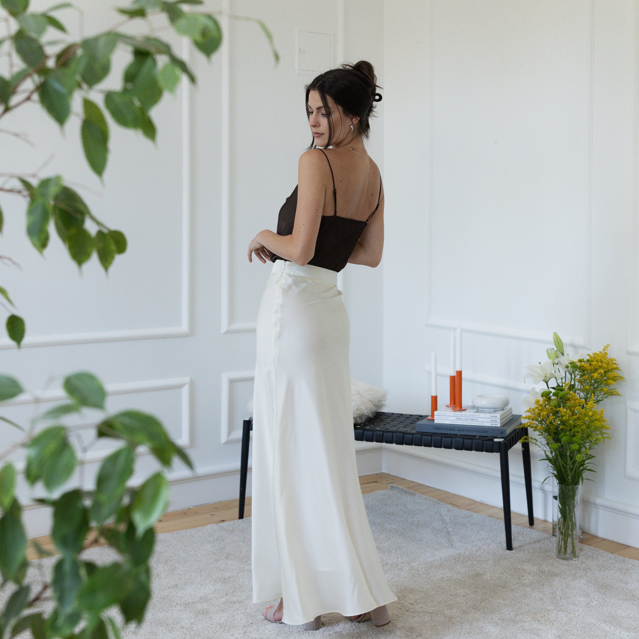 Side view of maxi silk skirt