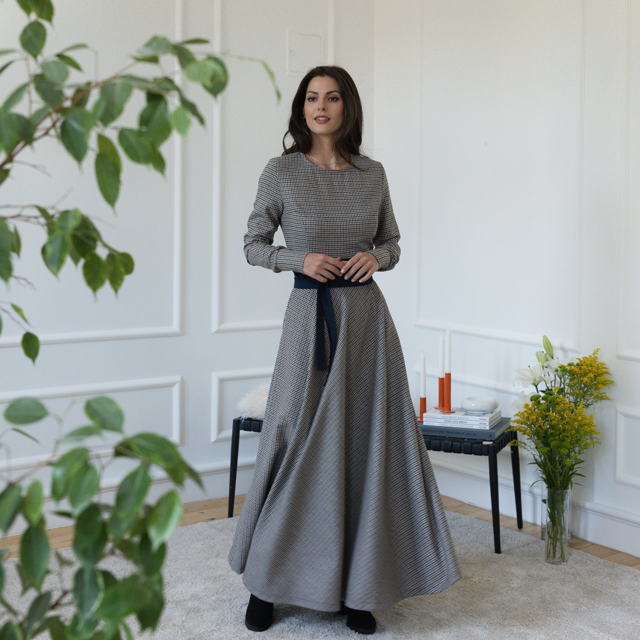 Front view of maxi wool dress