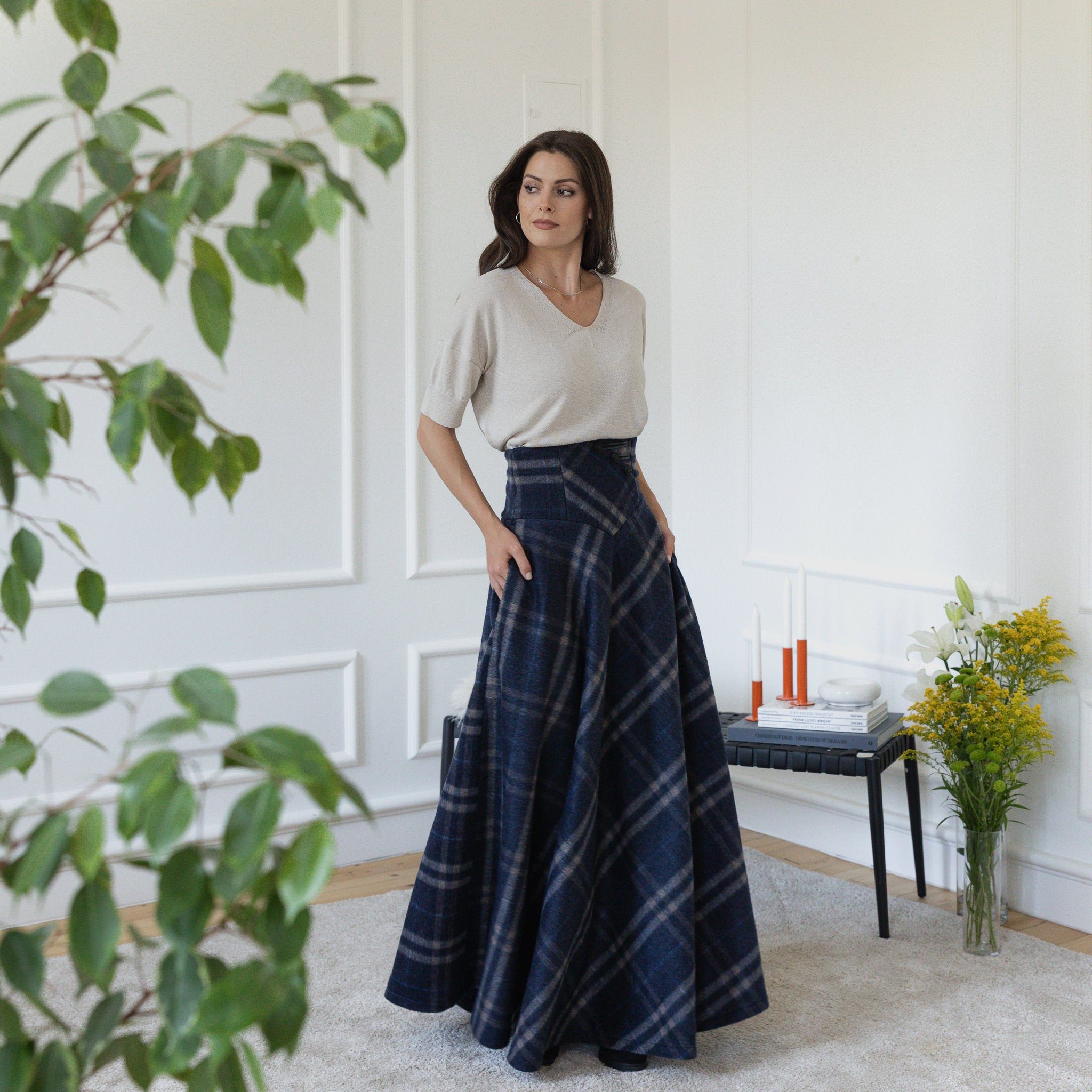 Front view of maxi wool skirt