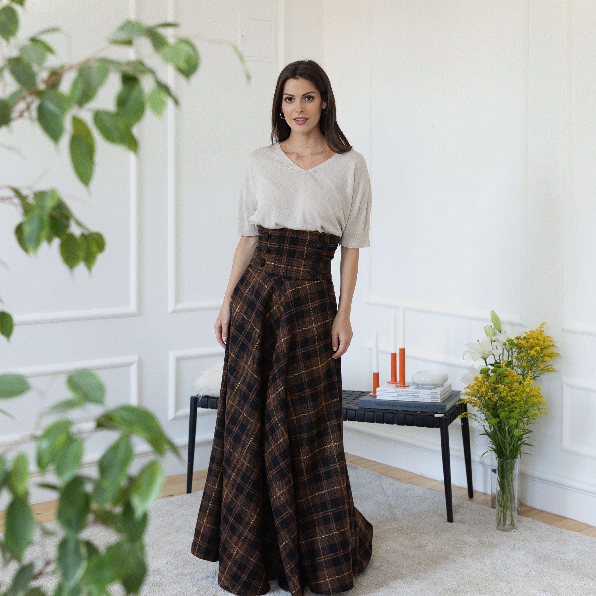 Dark Brown Plaid Winter Wool Maxi Skirt