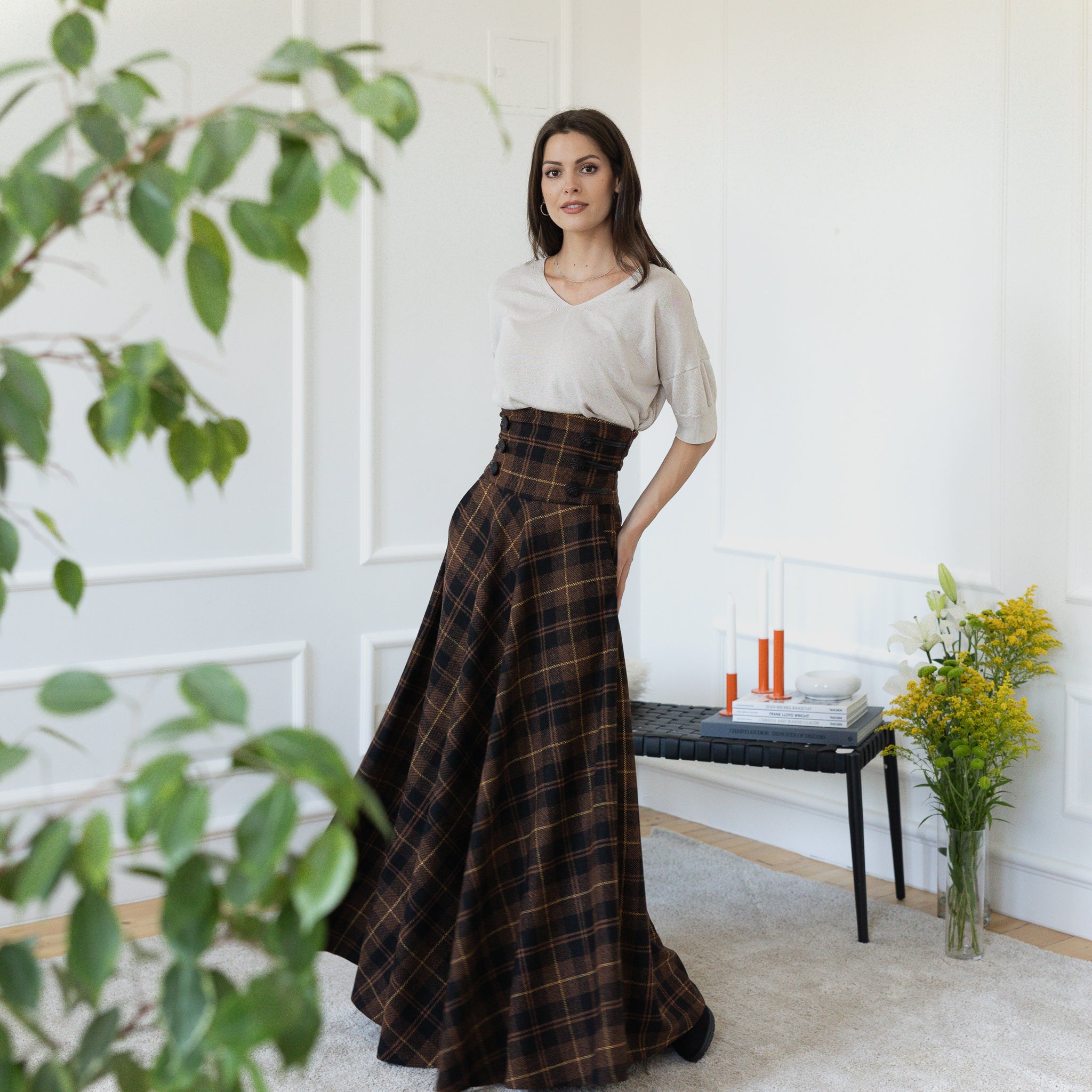 Dark Brown Plaid Winter Wool Maxi Skirt