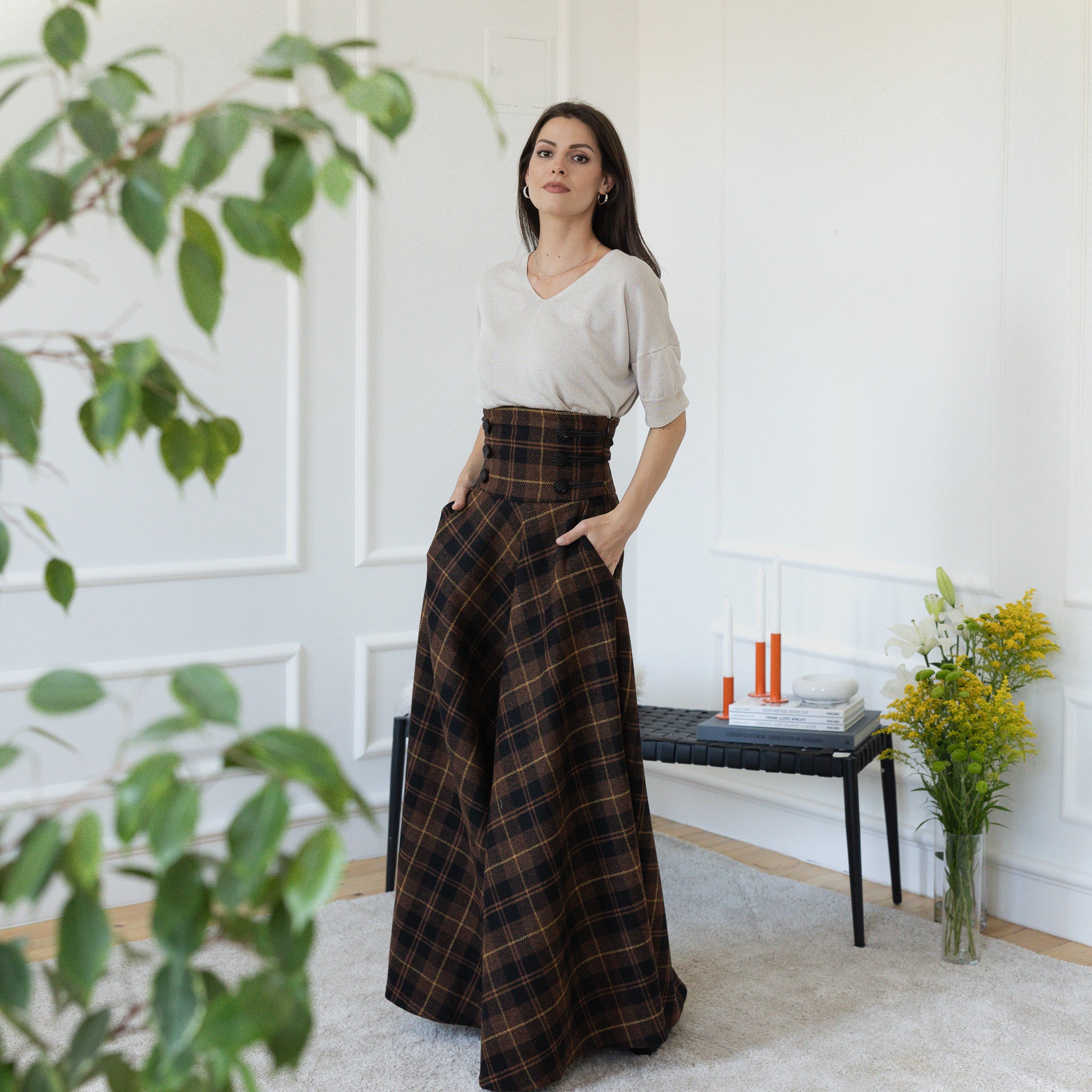 Dark Brown Plaid Winter Wool Maxi Skirt
