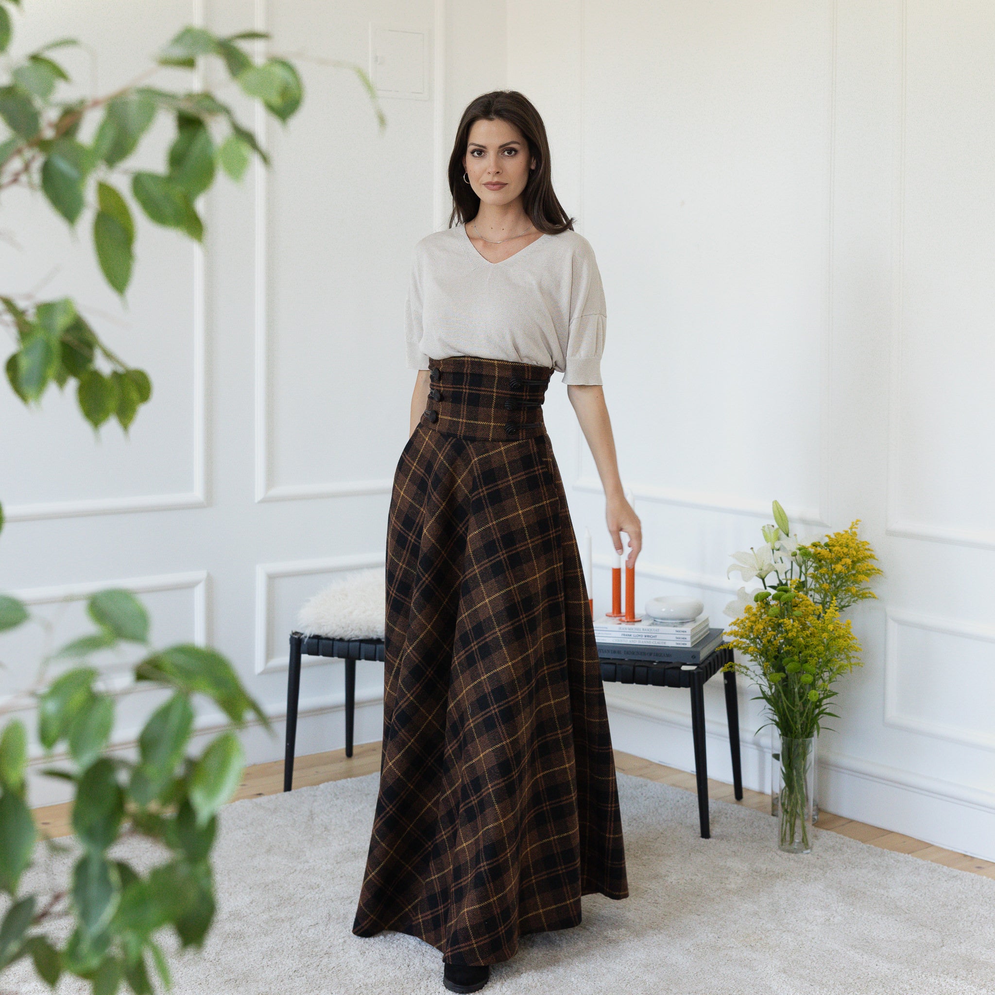 Dark Brown Plaid Winter Wool Maxi Skirt