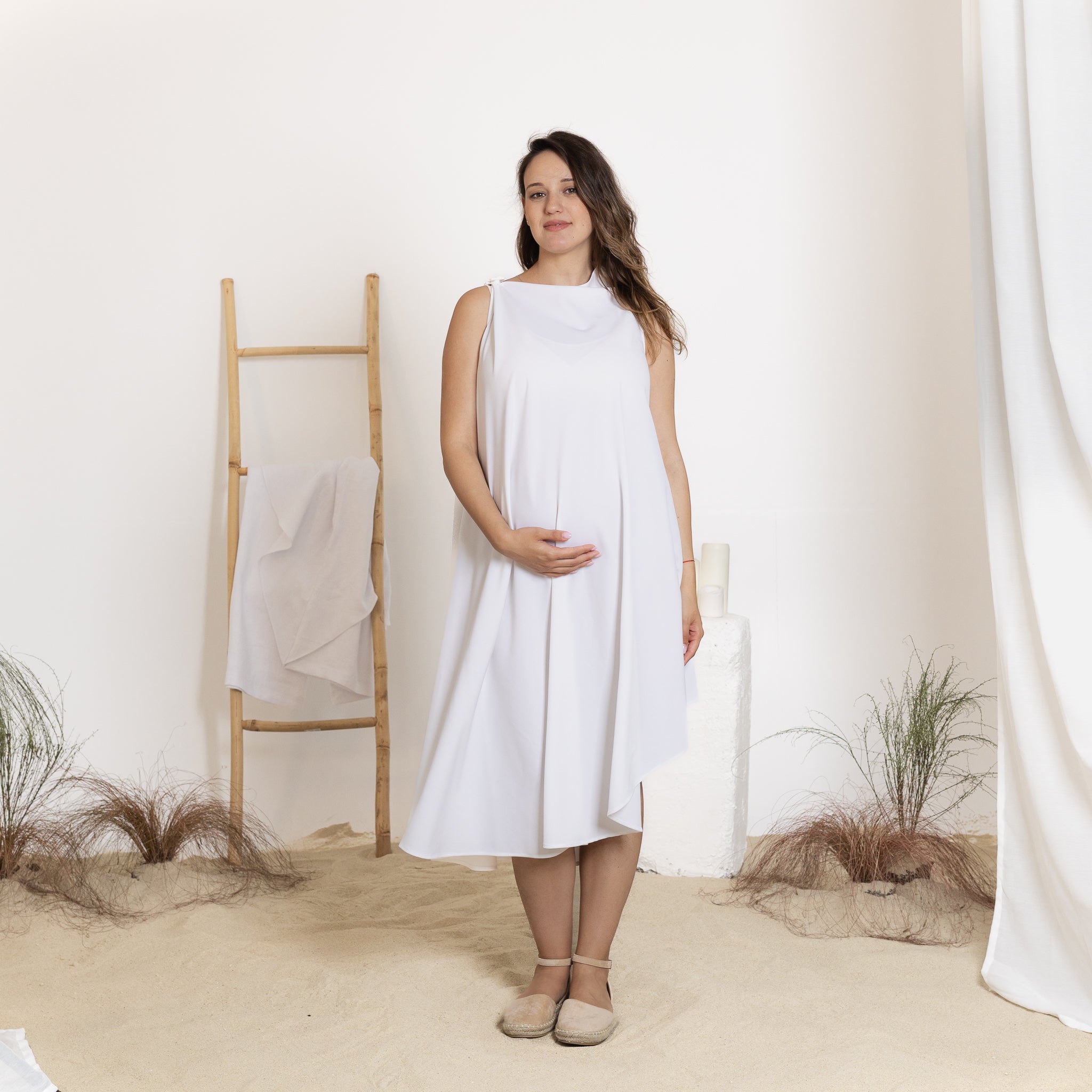 Front view of midi white dress