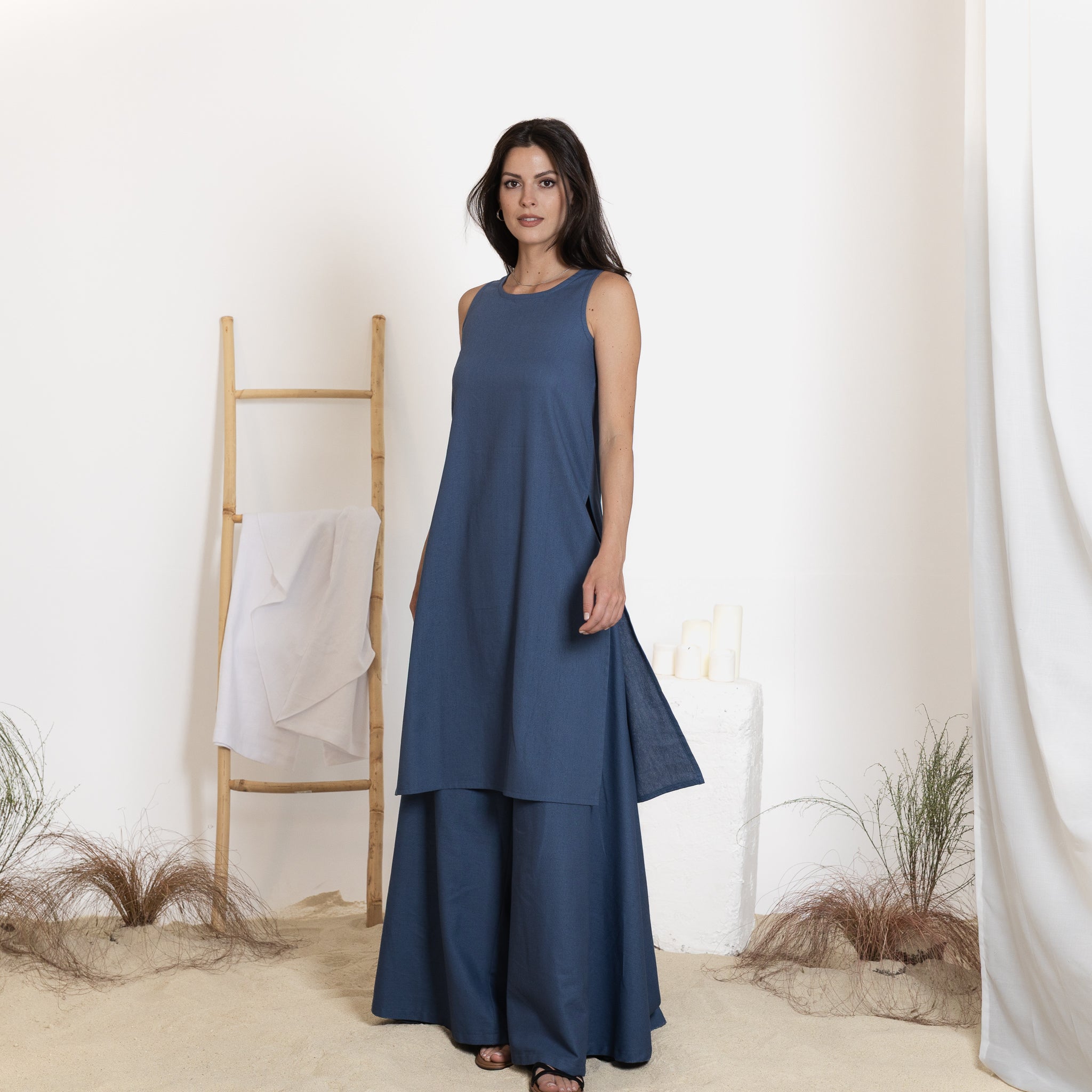 Front view of linen set of tunic and pants