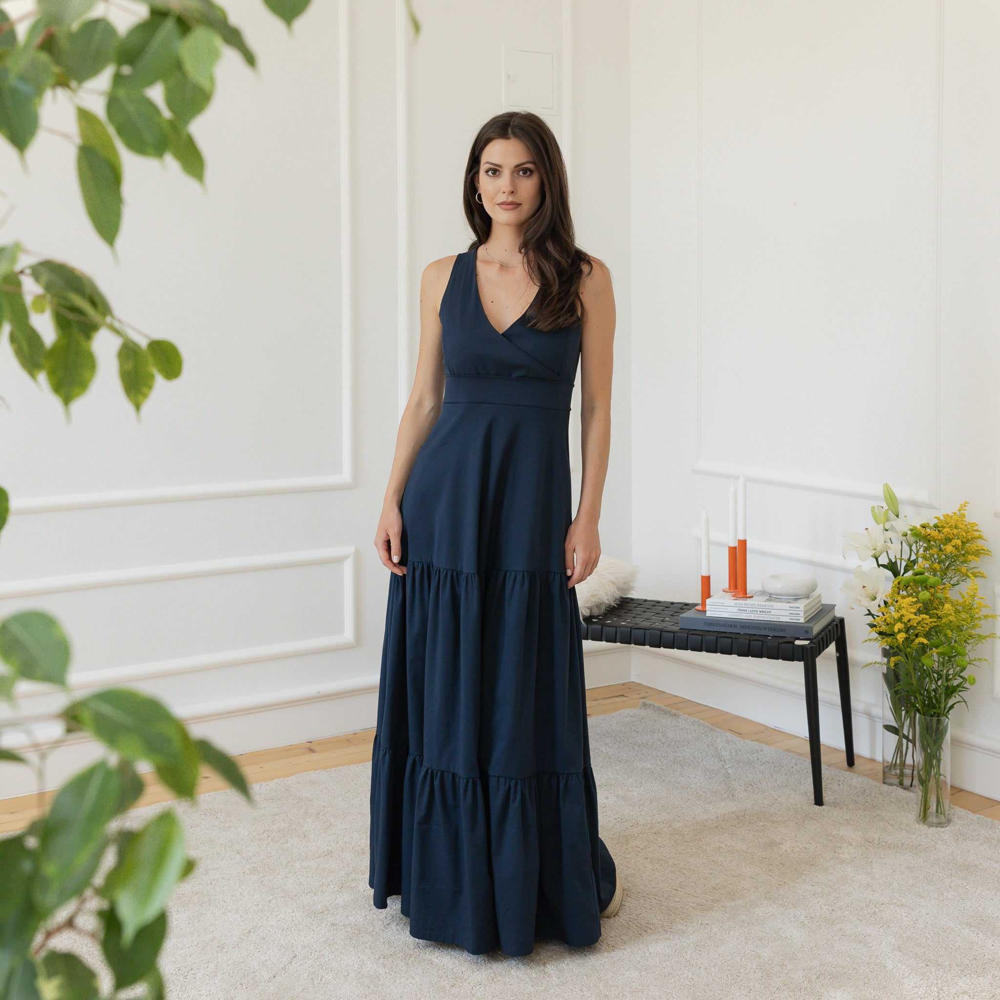 Front view of maxi cotton dress with V-neck