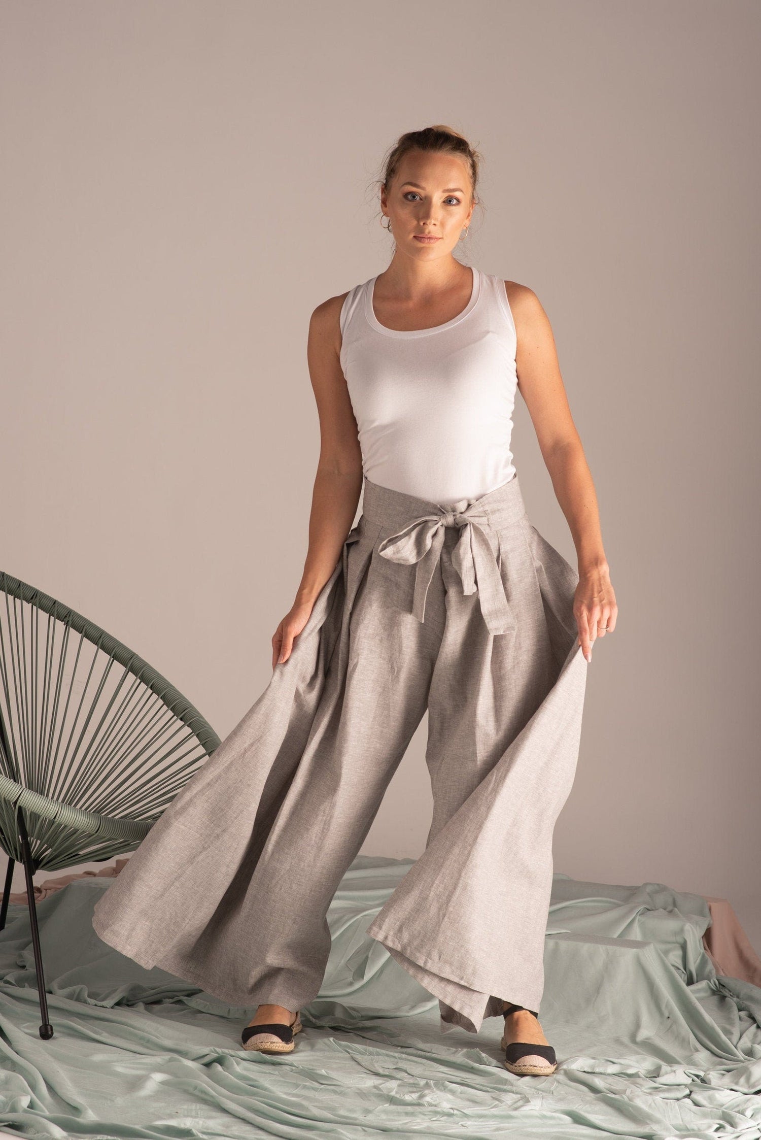 Wide Leg Linen Pants with High Waist Bow Detail - from Nikka Place | Effortless fashion for easy living