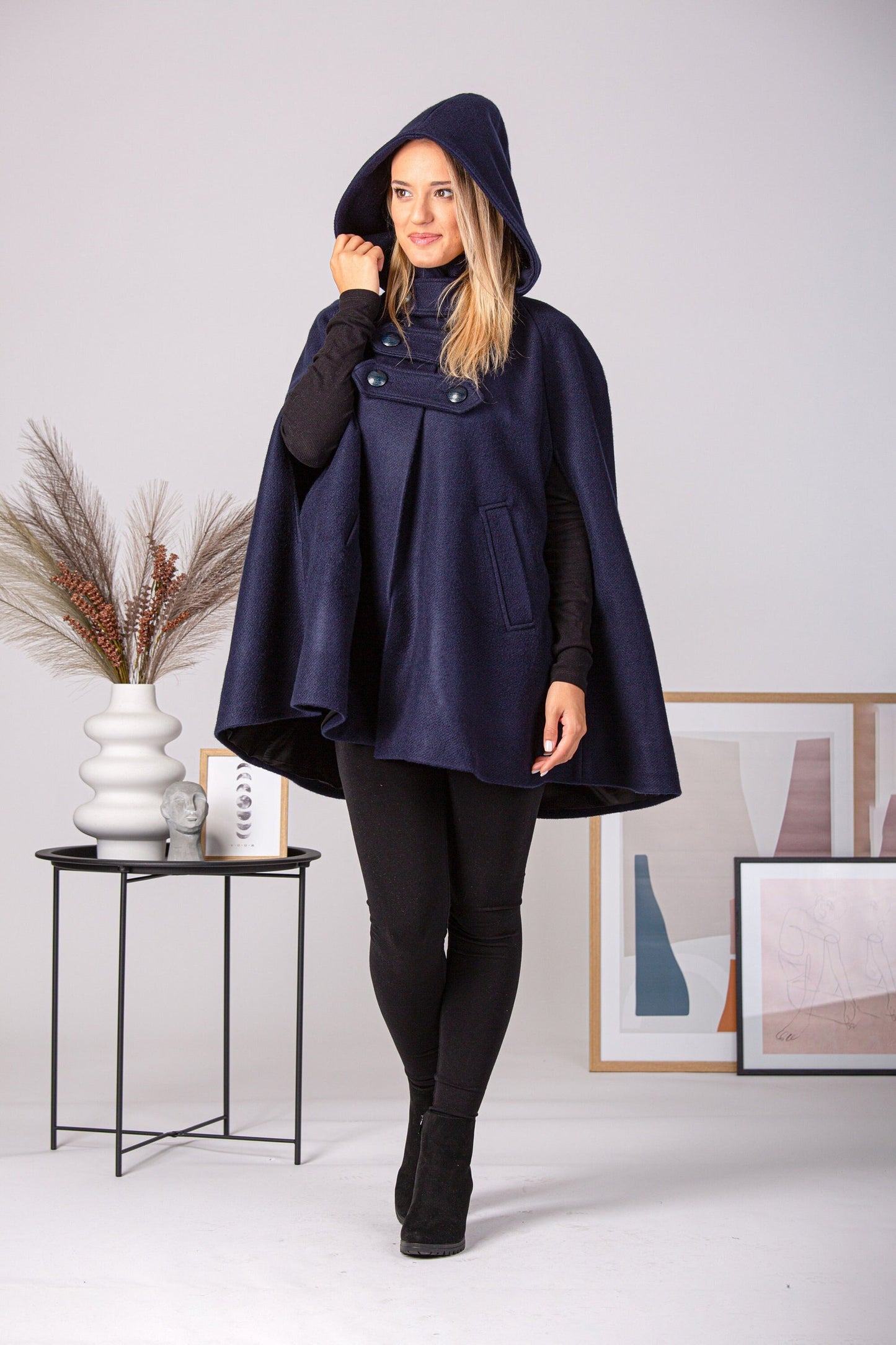 Front view of Dark Navy Hooded Wool Cape Coat from NikkaPlace | Effortless fashion for easy living