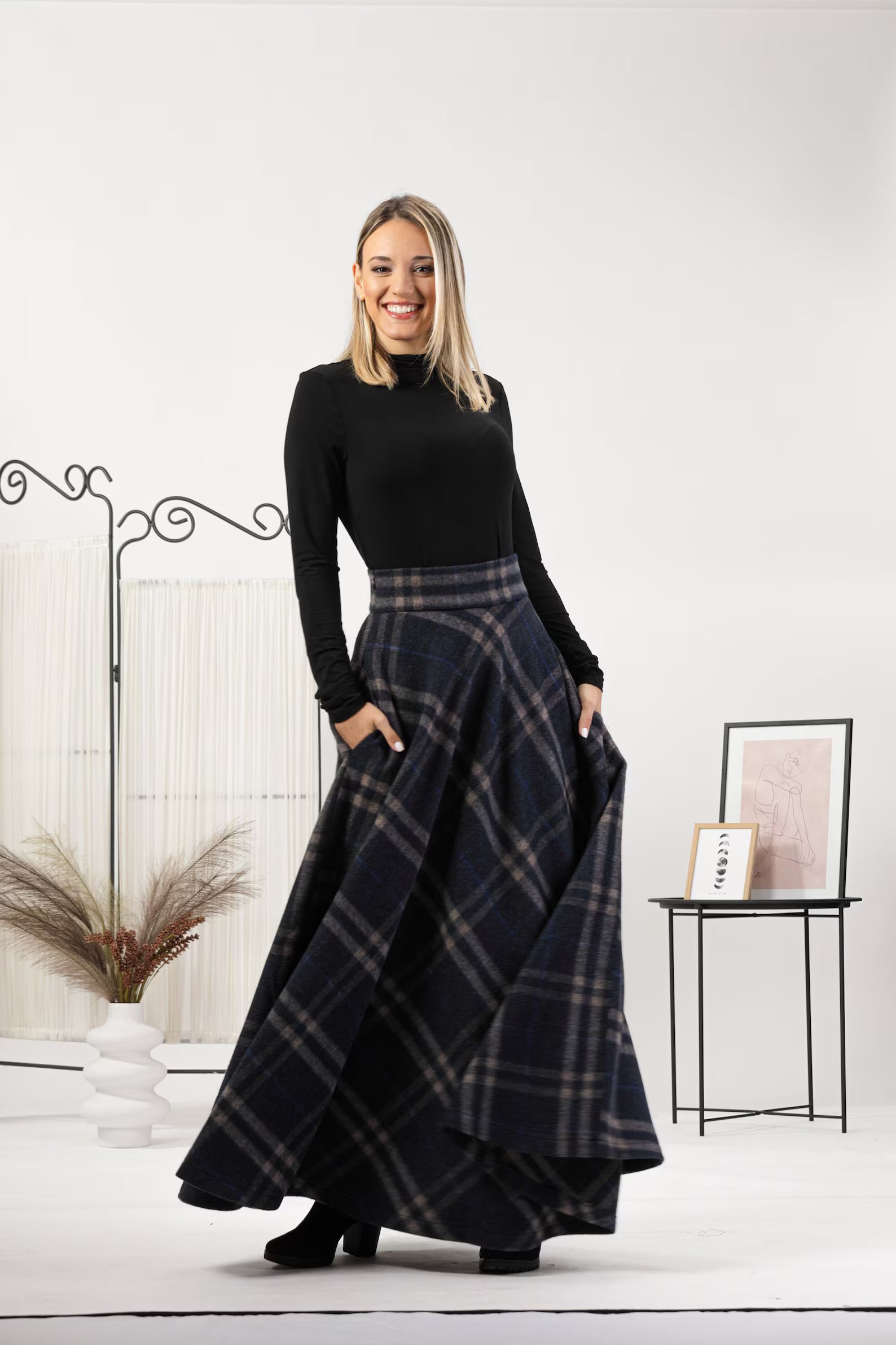 Overhead shot highlighting the spread of the skirt's full hem and the pattern alignment across the fabric.

