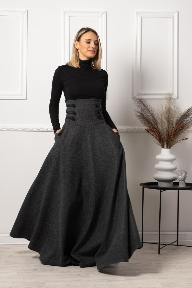 Dark Gray Winter Wool Maxi Skirt with button details - from NikkaPlace | Effortless fashion for easy living