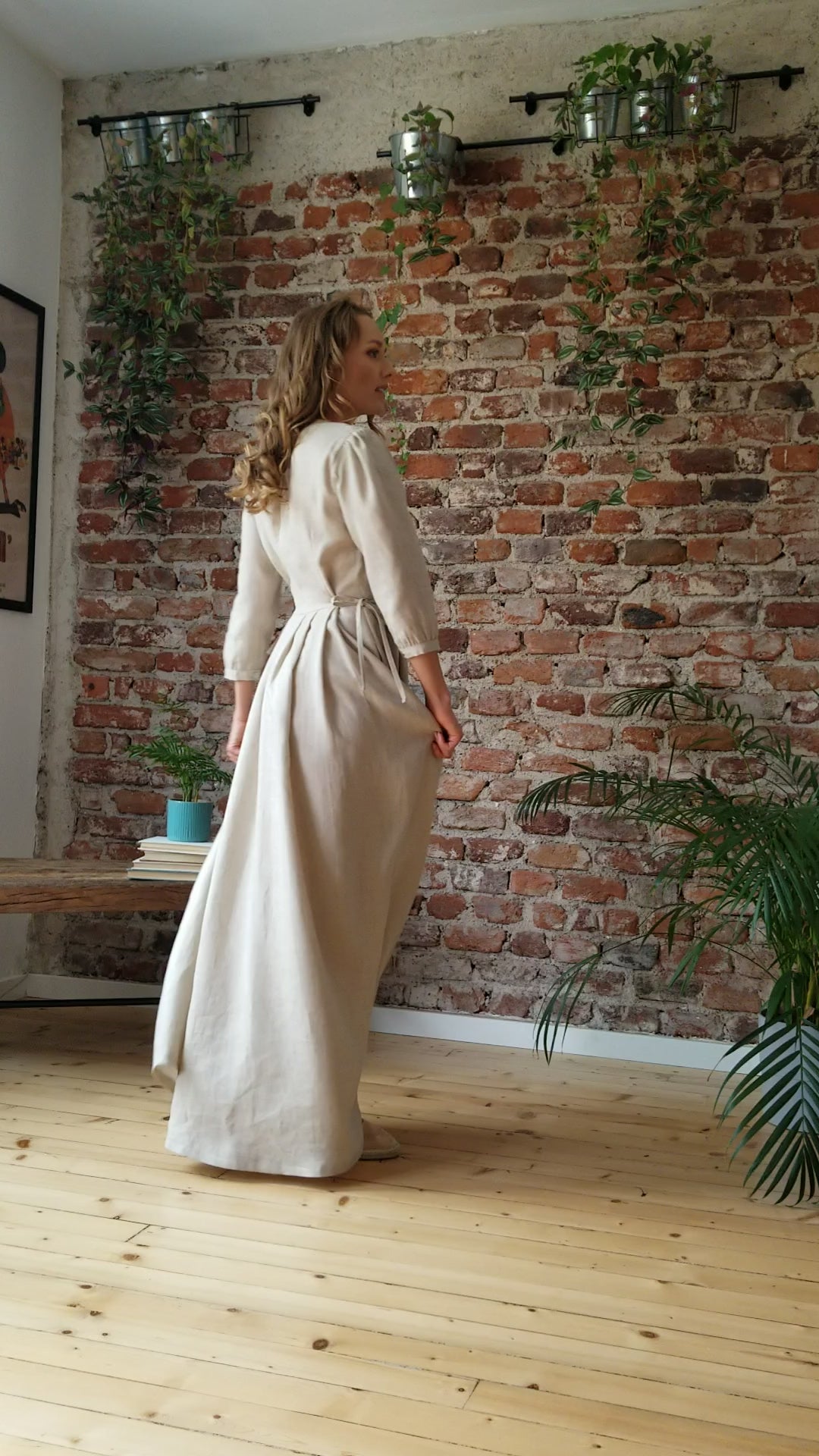 Natural Long Sleeve Linen Maxi Dress