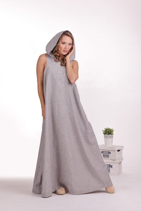 Linen Maxi Hooded Dress with a Hood - from NikkaPlace | Effortless fashion for easy living