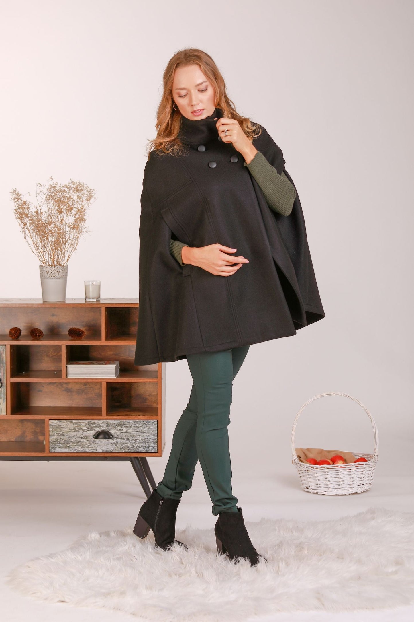 Black Cape Coat with relaxed drop shoulder pattern - from NikkaPlace | Effortless fashion for easy living