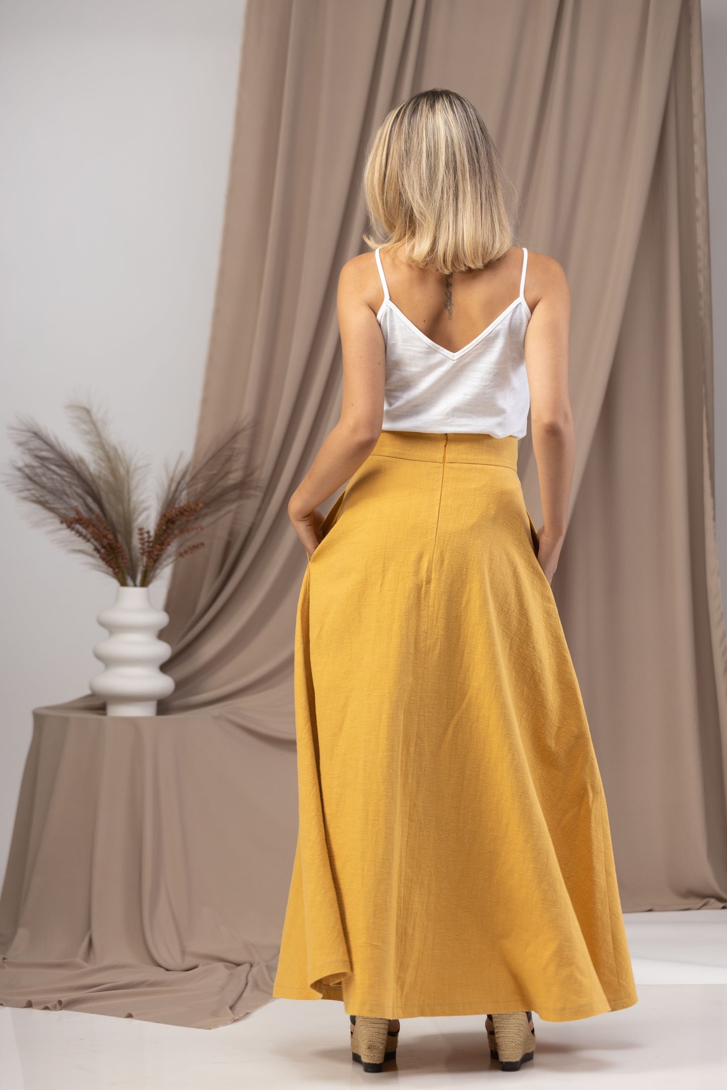 Minimalist High Waist Linen Maxi Skirt in Chartreuse- from Nikka Place | Effortless fashion for easy living