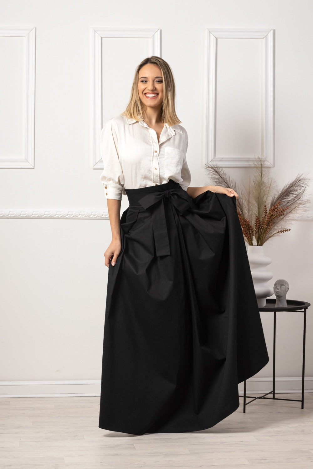 Black High Waist Pleated Maxi Skirt on model - from NikkaPlace | Effortless fashion for easy living