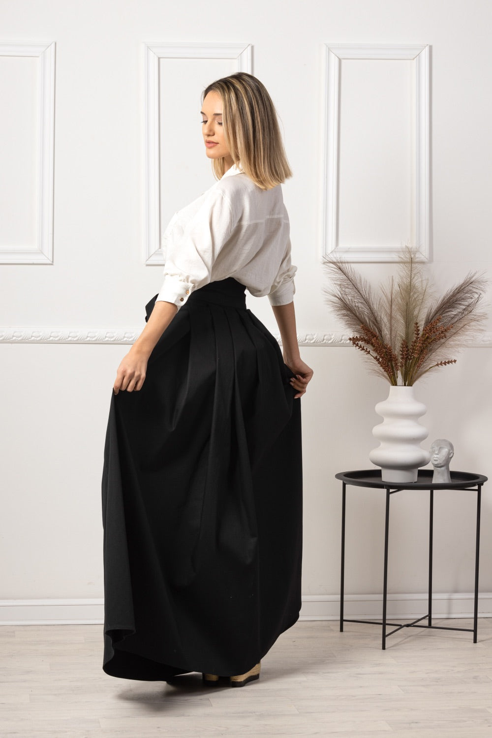 Black High Waist Pleated Maxi Skirt back view - from NikkaPlace | Effortless fashion for easy living