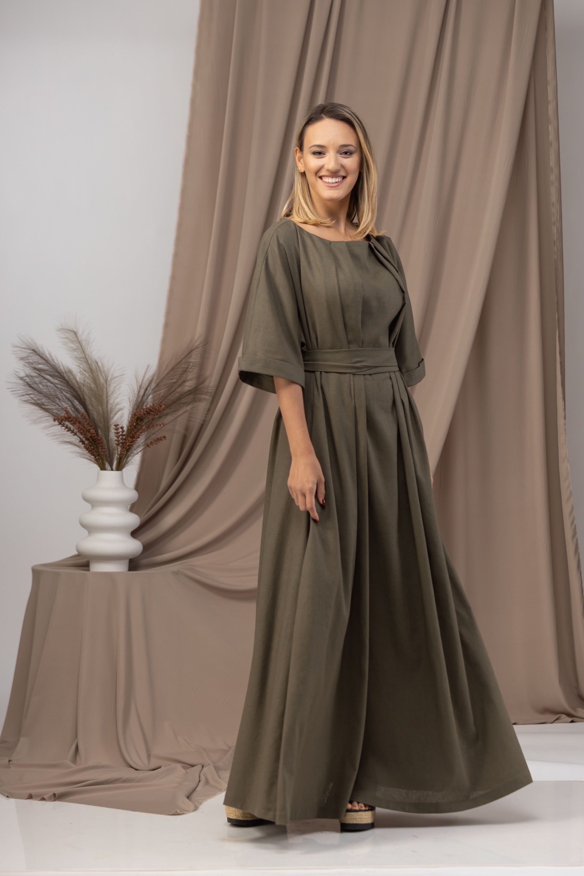 Linen Maxi Dress with a Tie Belt