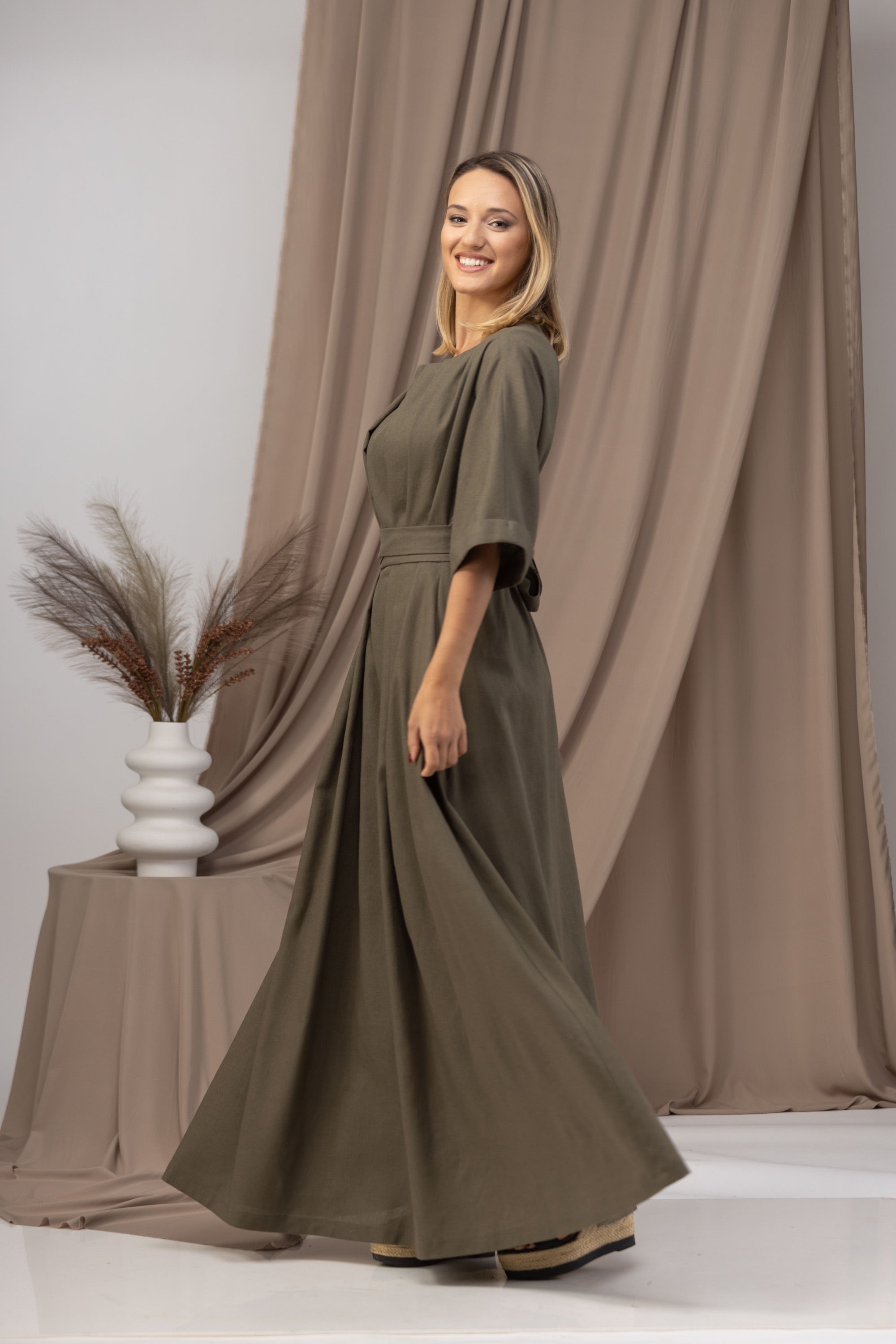 Linen Maxi Dress with a Tie Belt