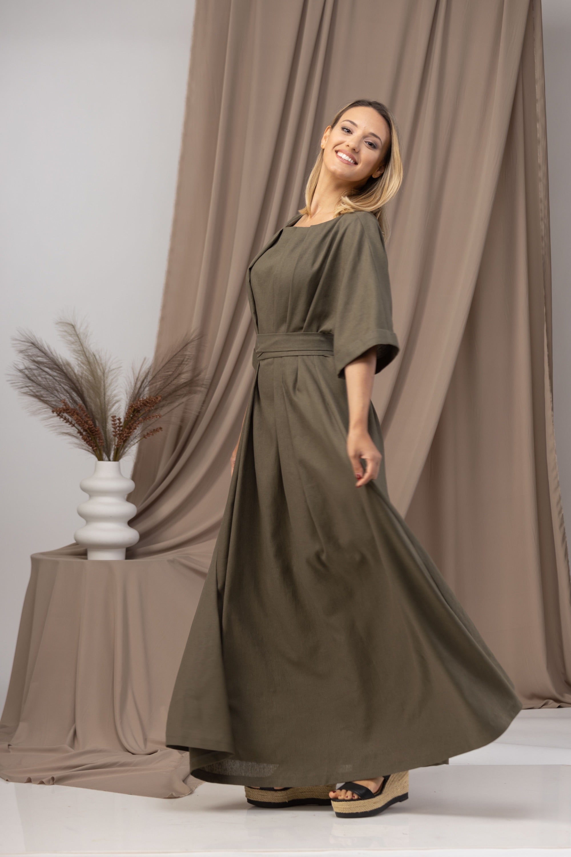 Linen Maxi Dress with a Tie Belt