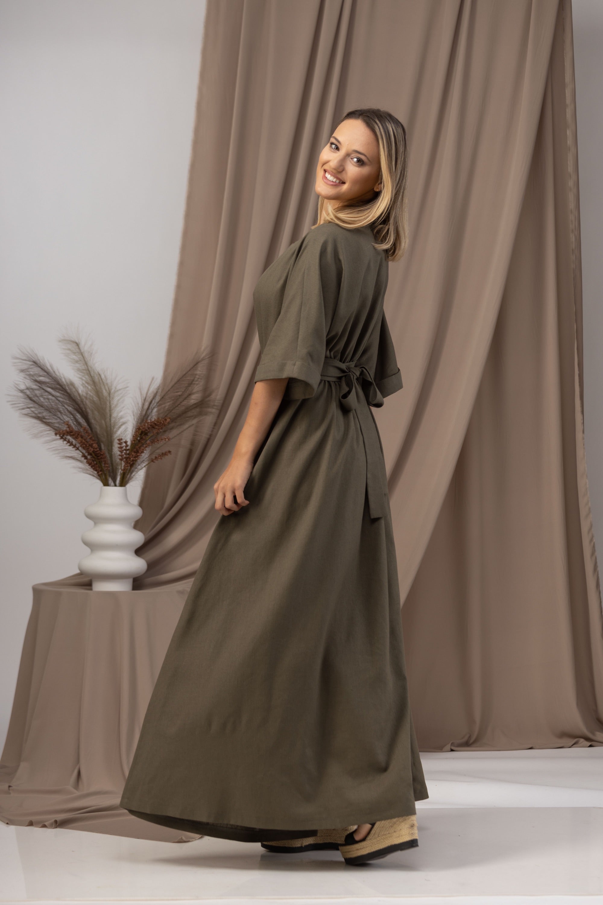 Linen Maxi Dress with a Tie Belt