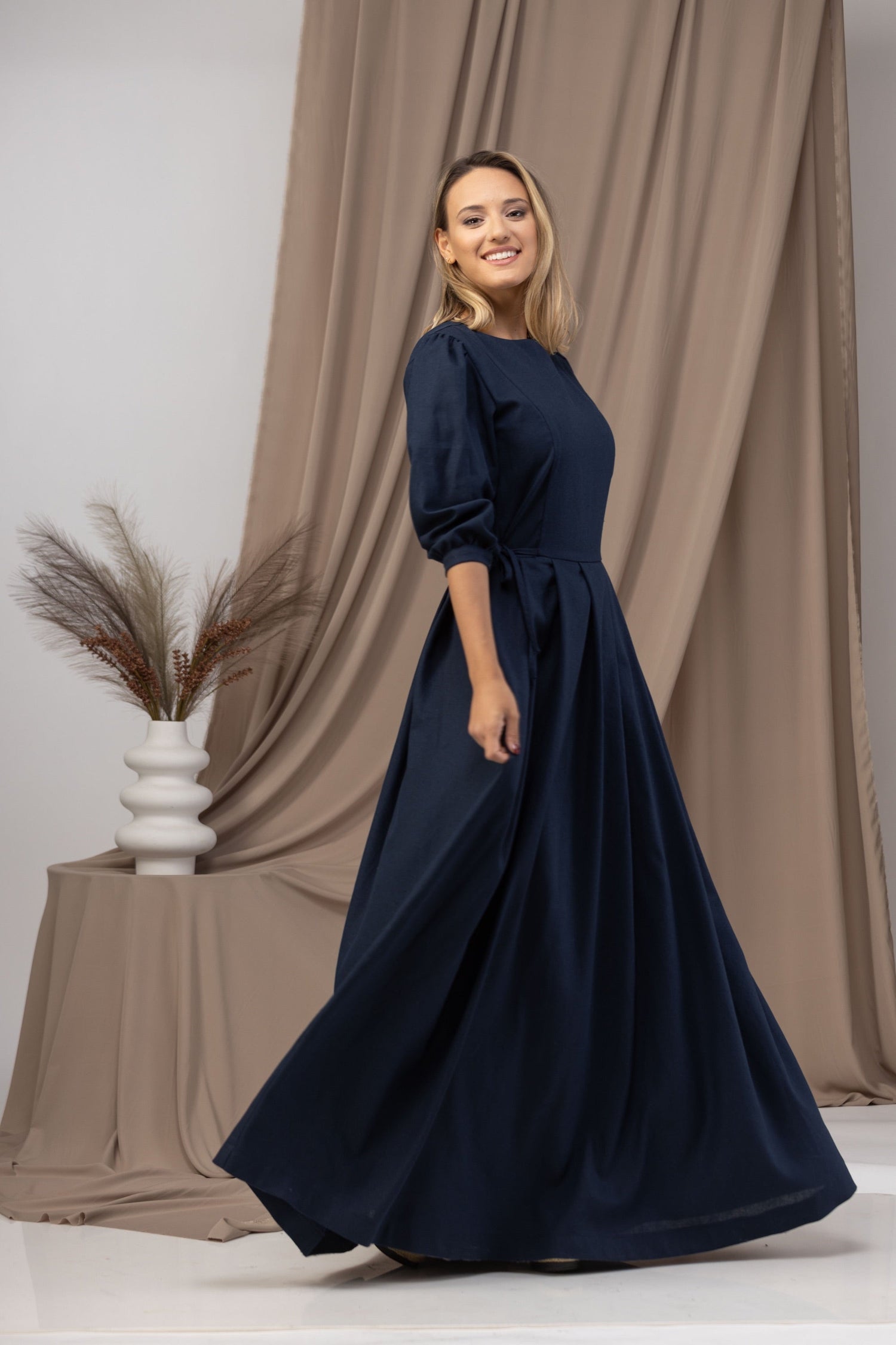 Full length view of the Elegant Natural Long Sleeve Linen Maxi Dress - from Nikka Place | Effortless fashion for easy living