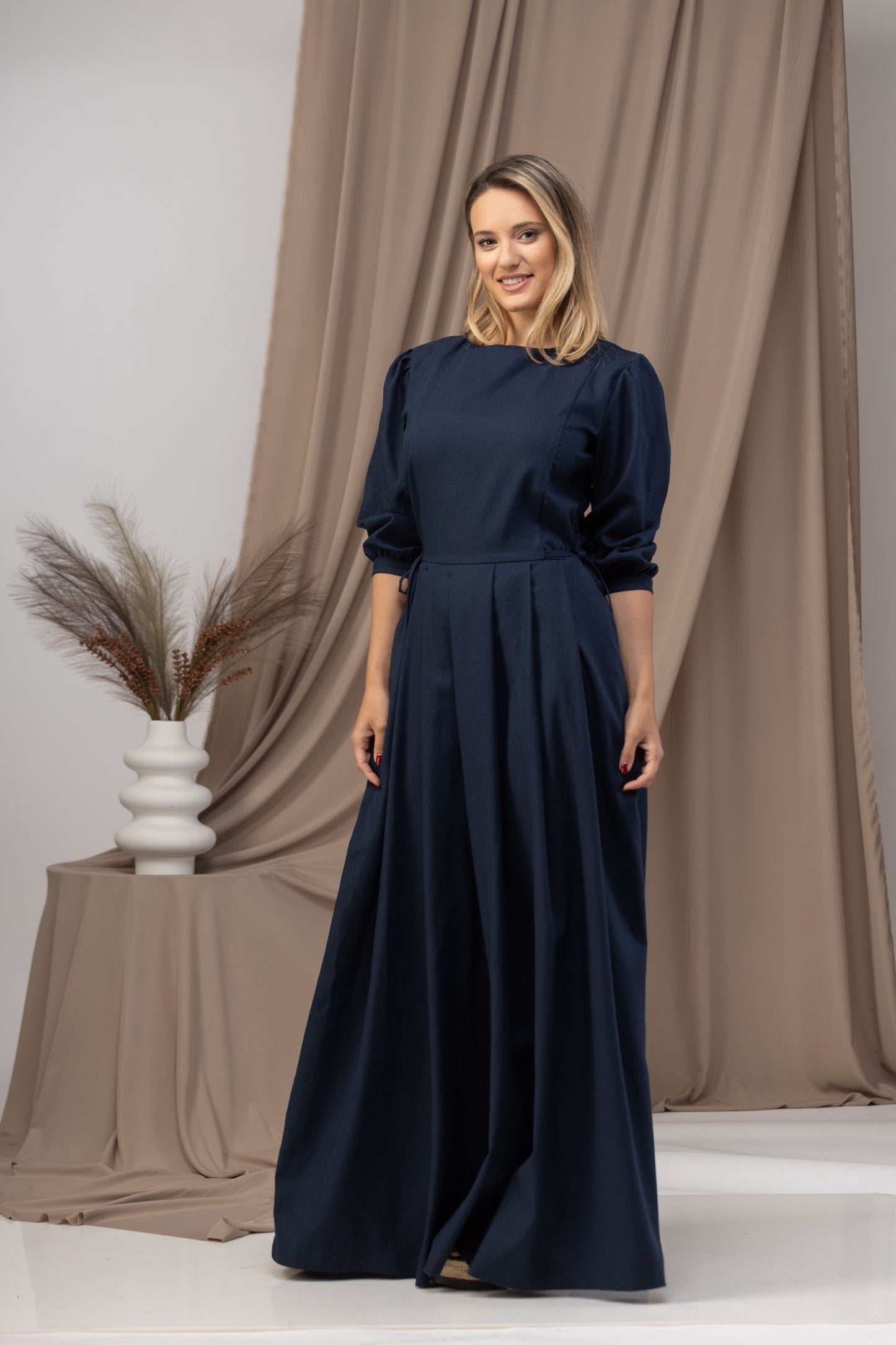 Dark Blue Long Sleeve Linen Maxi Dress From NikkaPlace Effortless dark-blue-long-sleeve-linen-maxi-dress-from-nikkaplace-effortless
