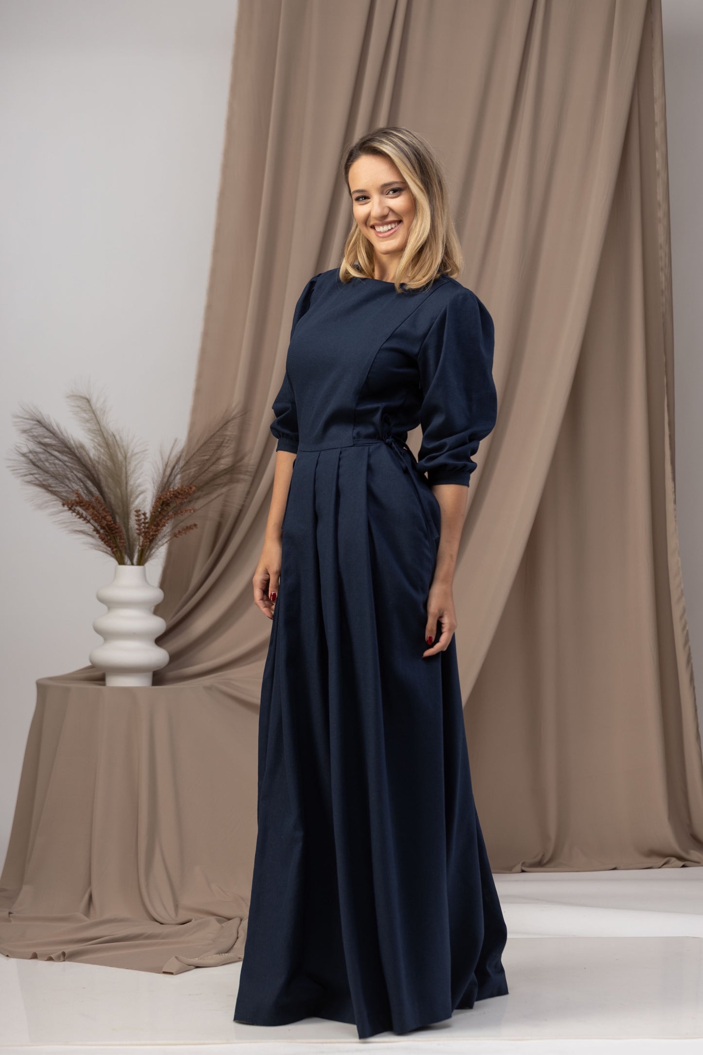 Long Sleeve Linen Maxi Dress with Waist Tie Fastening - from Nikka Place | Effortless fashion for easy living