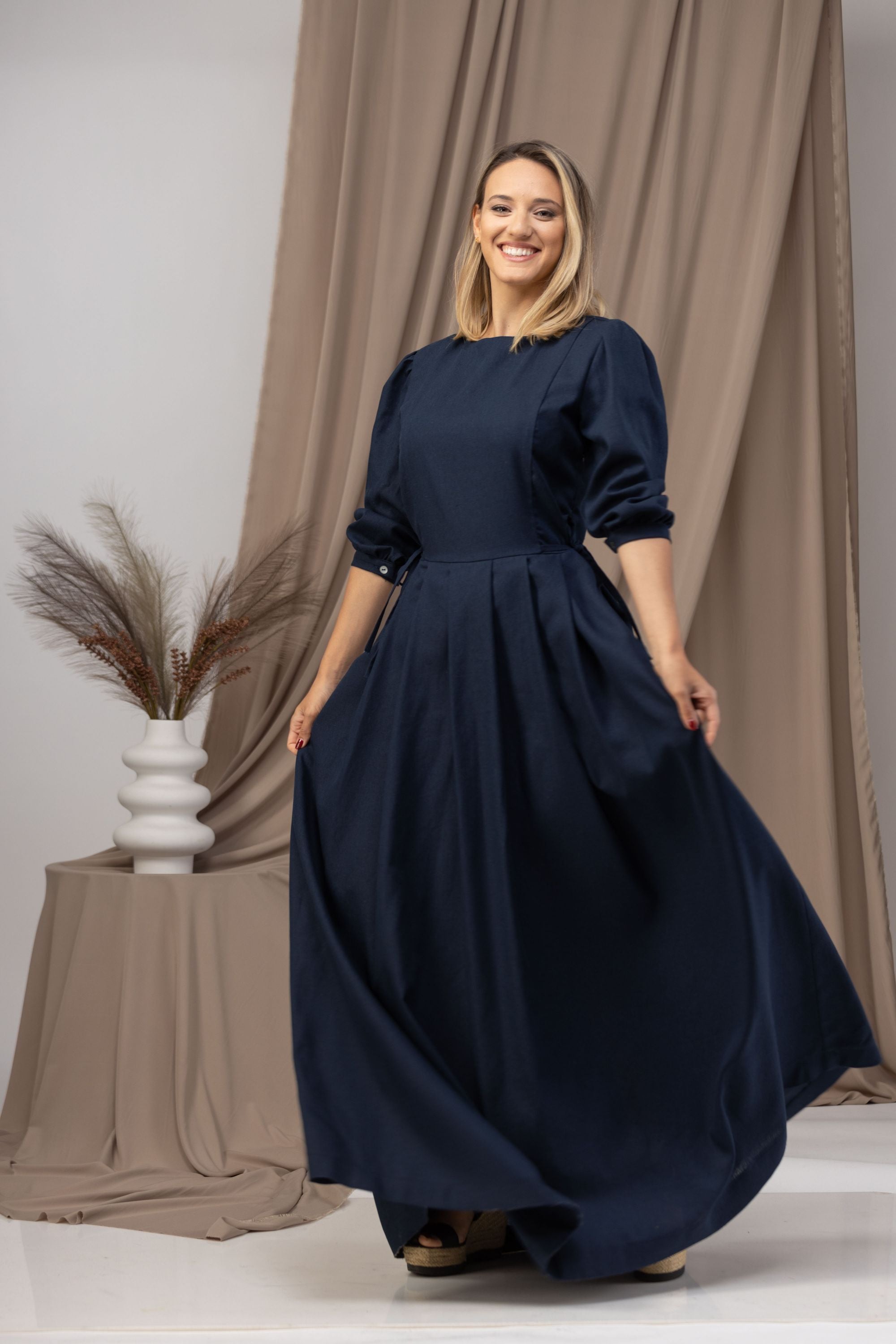 Dark Blue Long Sleeve Linen Maxi Dress Front View - from Nikka Place | Effortless fashion for easy living