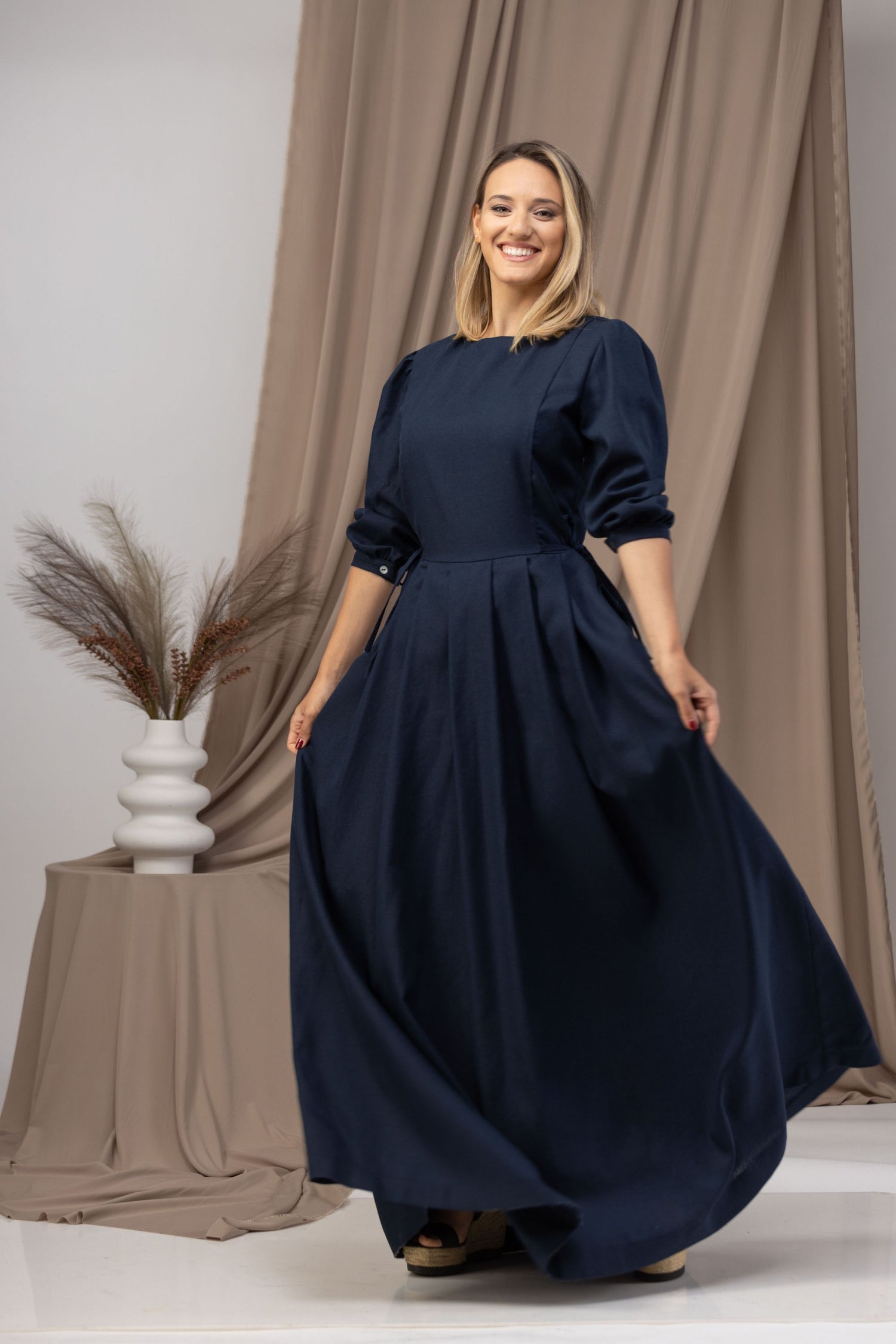 Dark Blue Long Sleeve Effortless for NikkaPlace fashion Maxi living easy from Dress | Linen