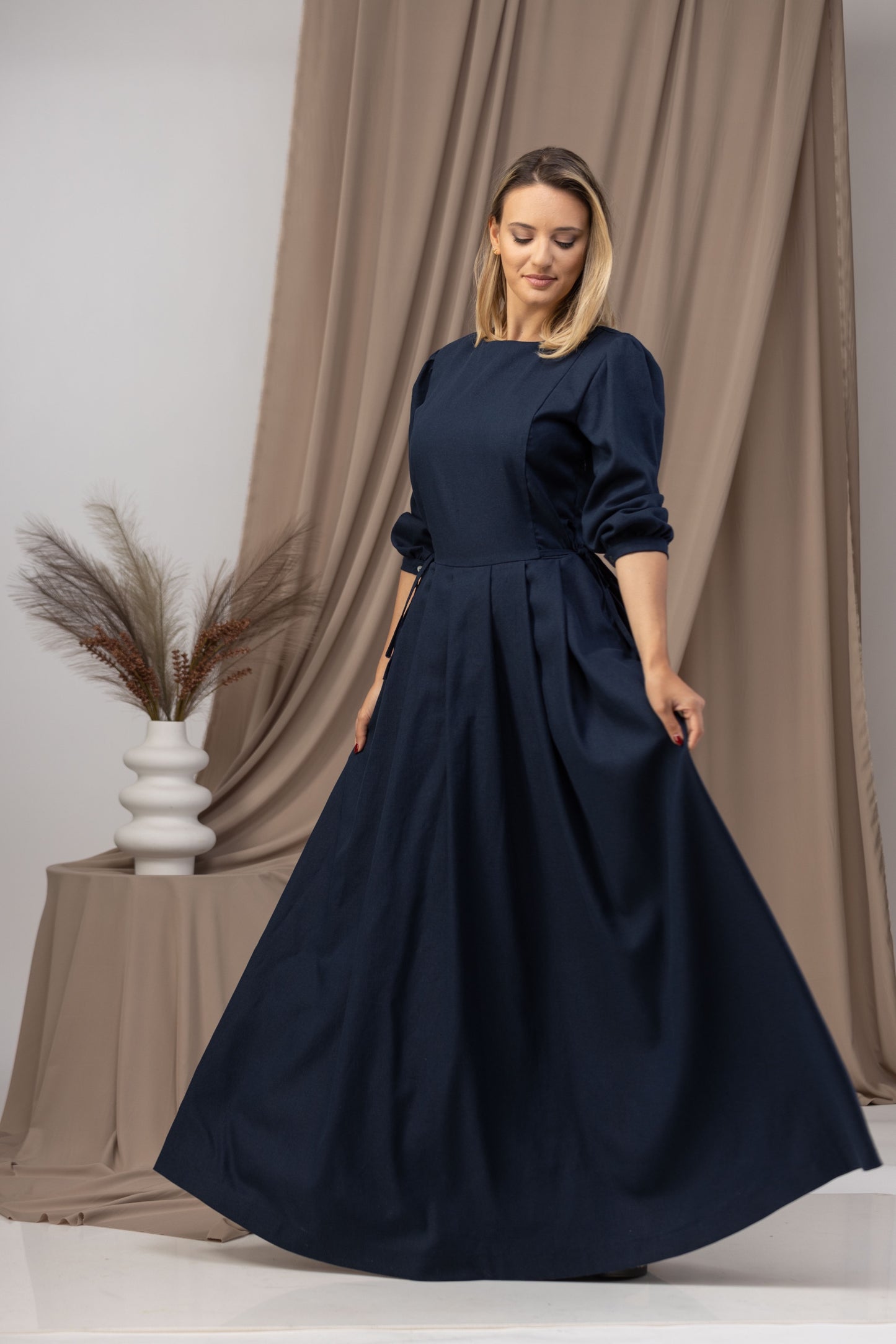 Dark Blue Linen Dress with Zipper Closure - from Nikka Place | Effortless fashion for easy living