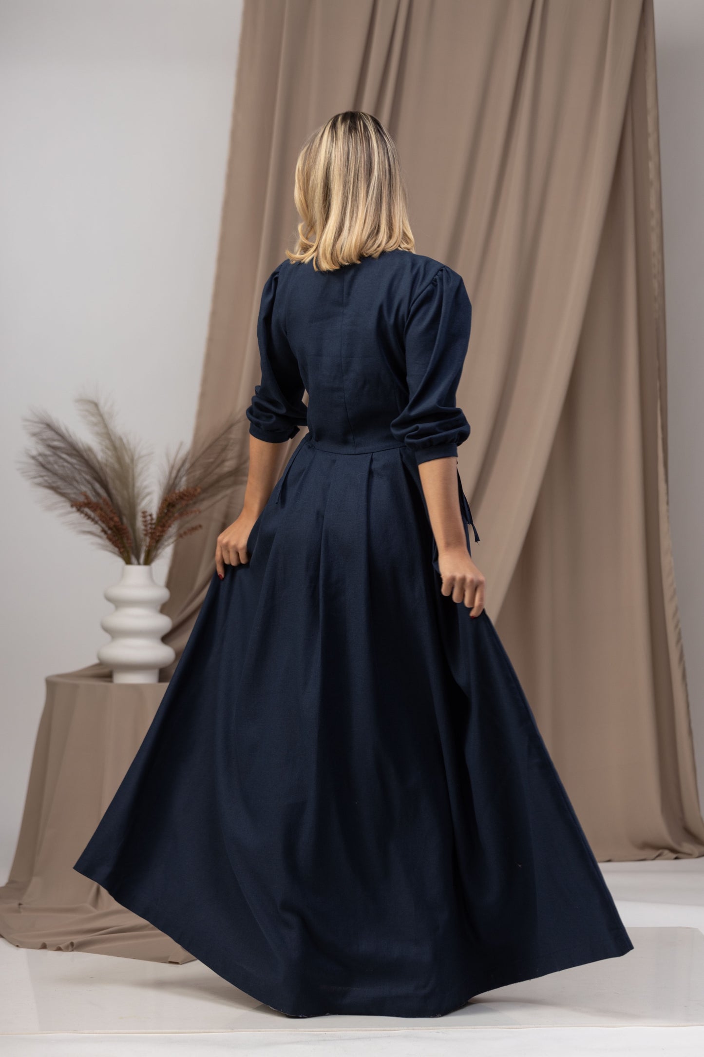 Dark Blue Long Sleeve Linen Maxi Dress Back View - from Nikka Place | Effortless fashion for easy living