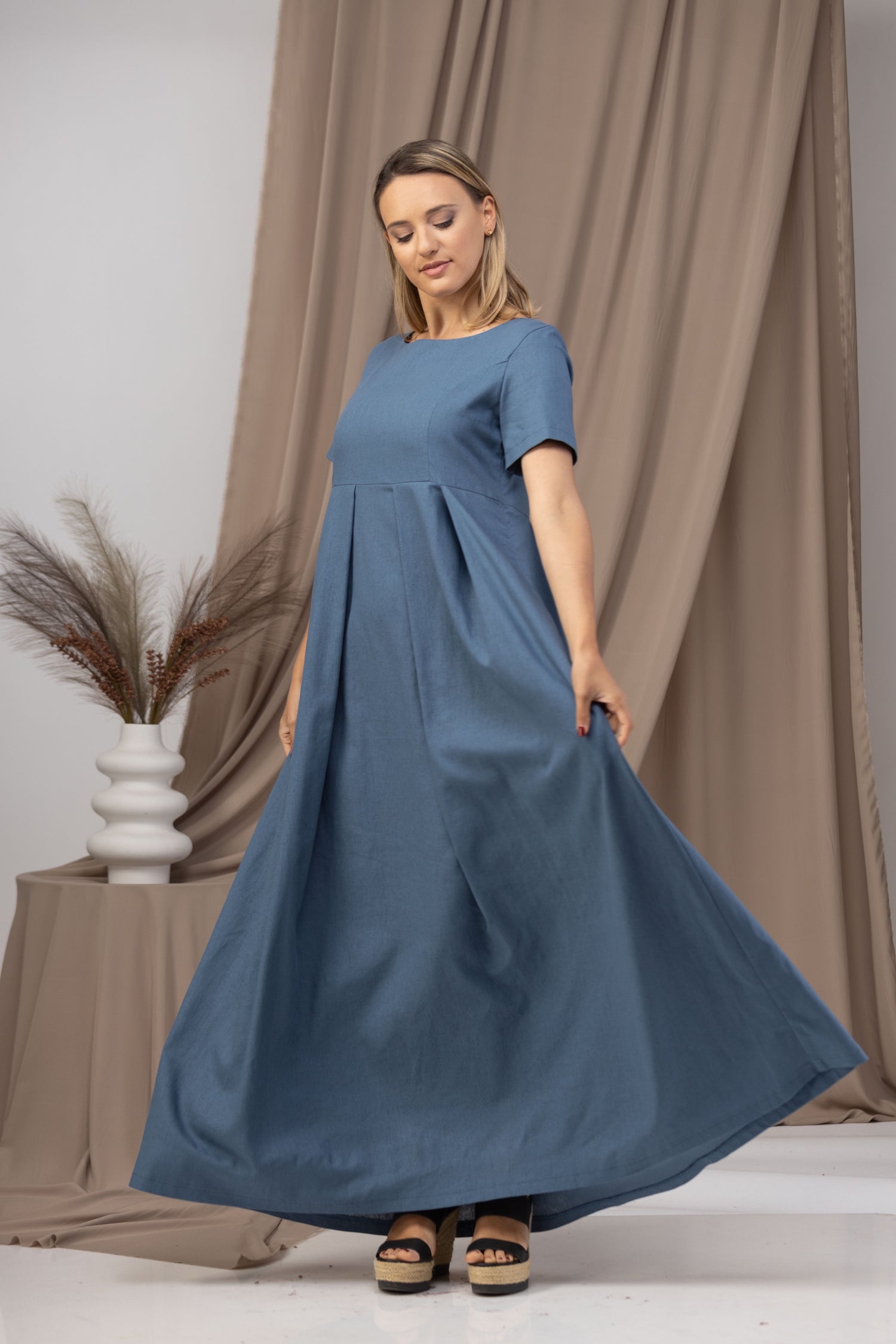 Short Sleeve Maxi Linen Dress with Pockets in multiple colors laid out - from NikkaPlace | Effortless fashion for easy living