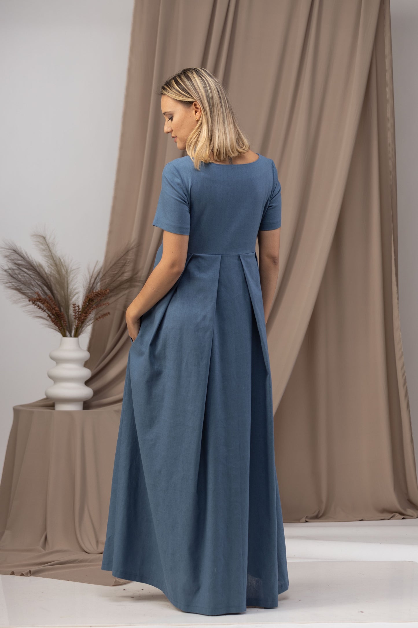 Short Sleeve Maxi Linen Dress with Pockets in Blue - from NikkaPlace | Effortless fashion for easy living