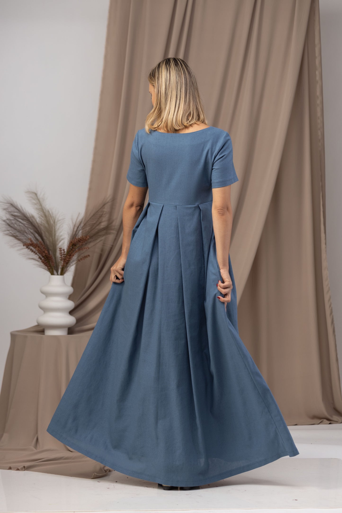Short Sleeve Maxi Linen Dress with Pockets