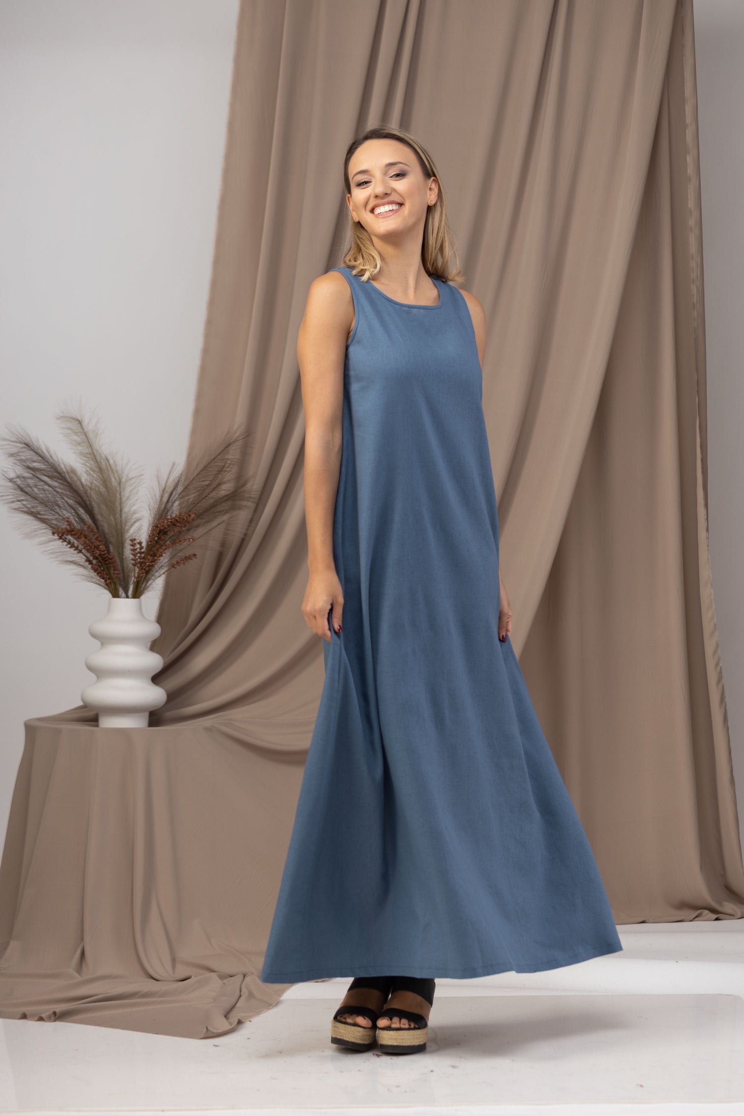 Minimalist Linen Maxi Dress paired with a denim jacket - from NikkaPlace | Effortless fashion for easy living