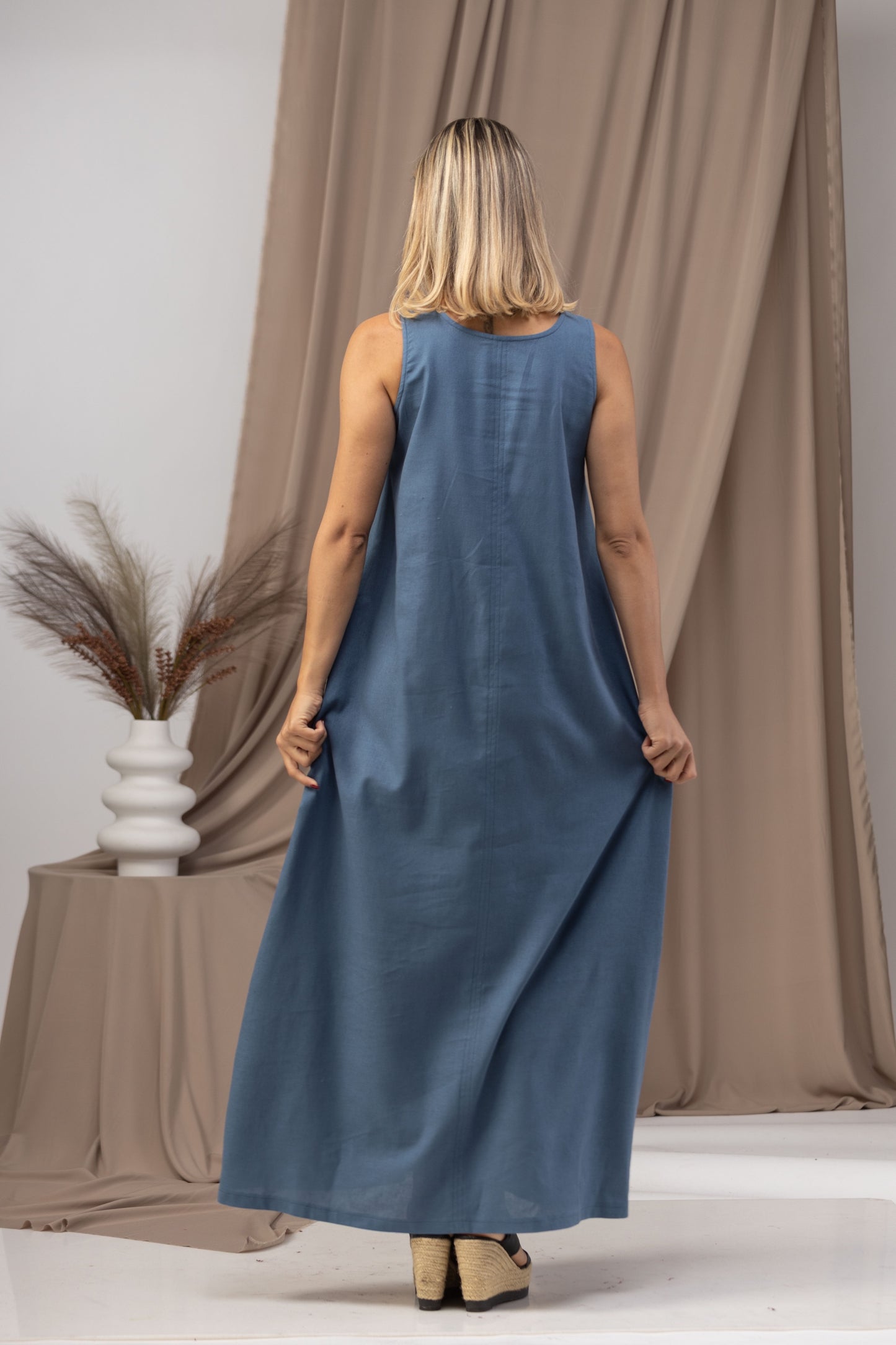 Back view of Minimalist Linen Maxi Dress - from NikkaPlace | Effortless fashion for easy living