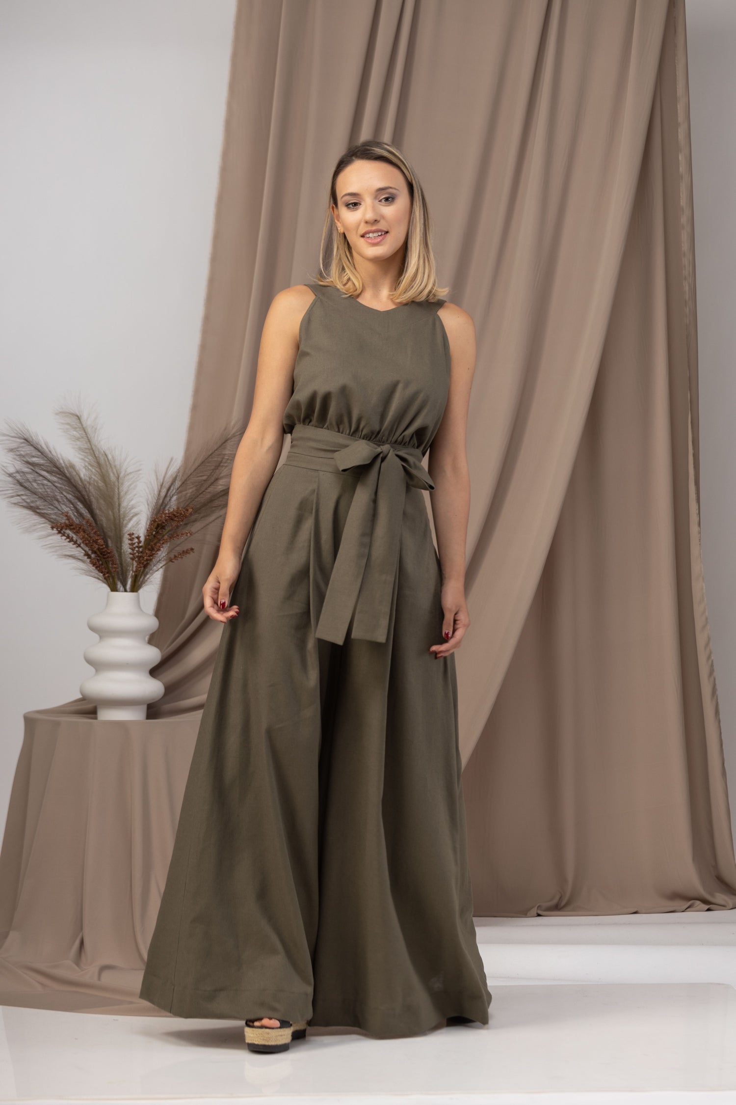 Sleeveless Linen Jumpsuit with Bow Belt from Nikka Place | Effortless fashion for easy living