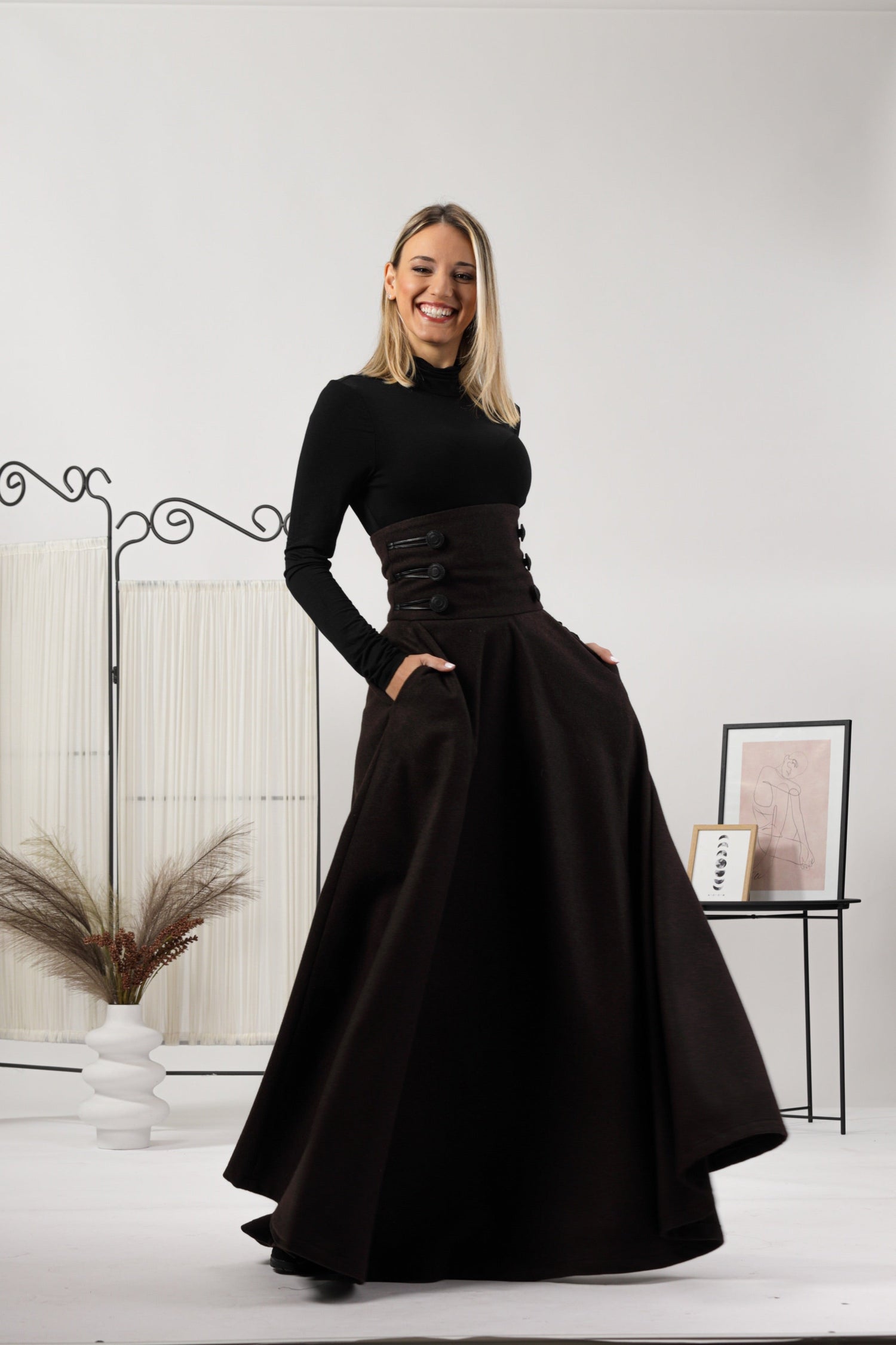 Keep warm in style with our Dark Chocolate Winter Wool Maxi Skirt - from NikkaPlace | Effortless fashion for easy living