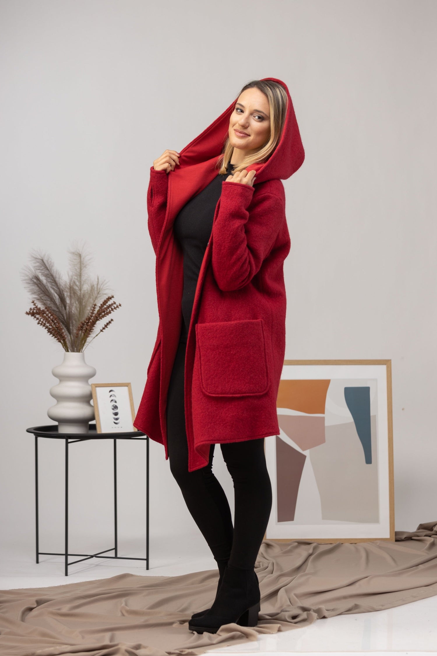 Soft Wool Hooded Cardigan in Wine Red from Nikka Place | Effortless fashion for easy living