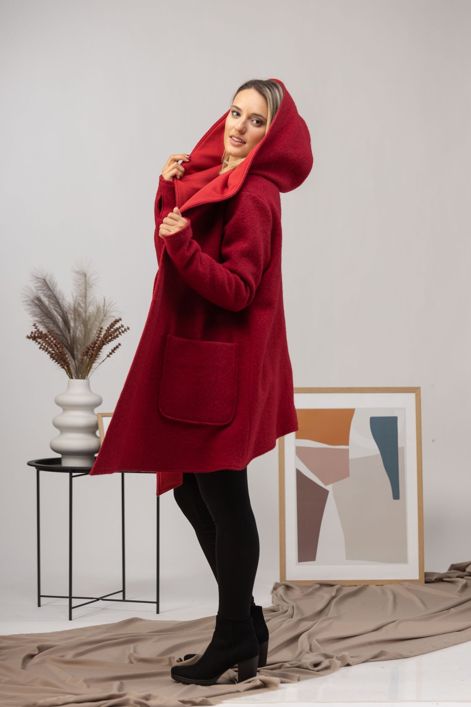 Hooded Wool Cardigan in Wine Red from Nikka Place | Effortless fashion for easy living