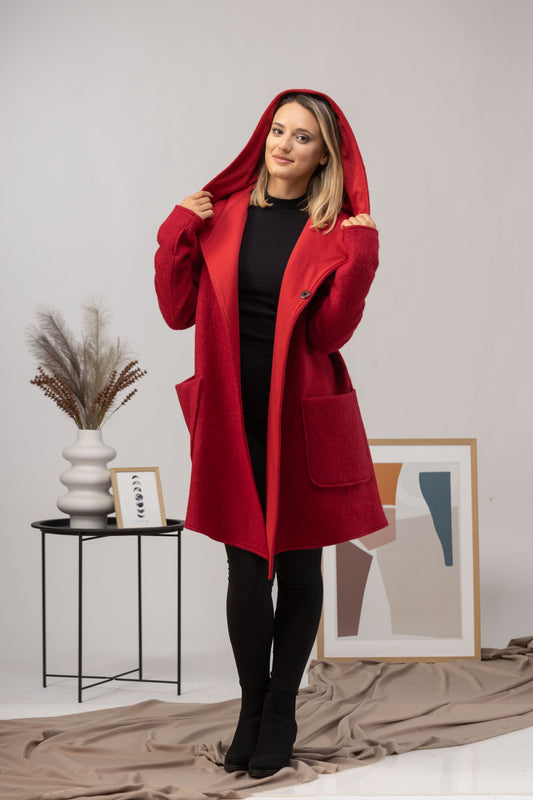 Wine Red Hooded Wool Cardigan from Nikka Place | Effortless fashion for easy living
