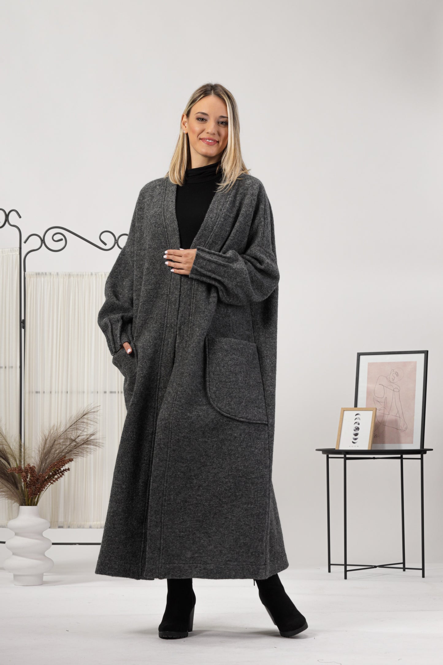Charcoal Warm Wool Maxi Cardigan Mid Calf Length - from Nikka Place | Effortless fashion for easy living