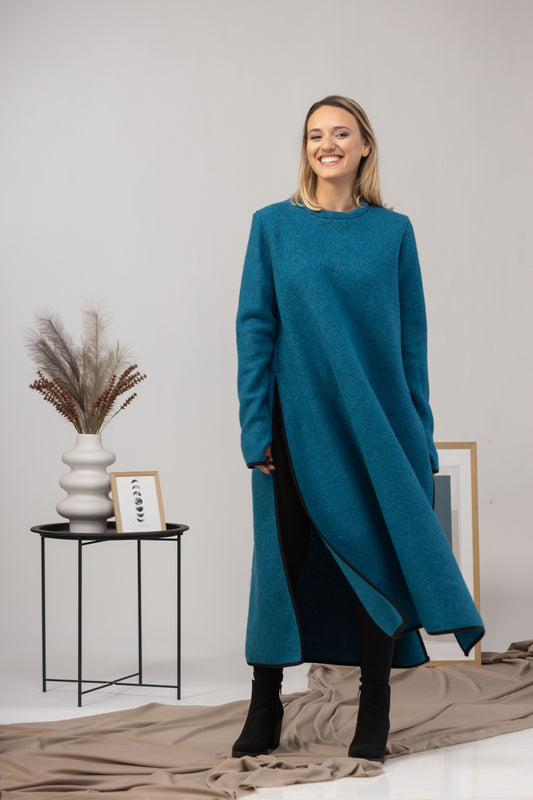 Teal Blue Boiled Wool Winter Sweater Dress side view - from NikkaPlace | Effortless fashion for easy living