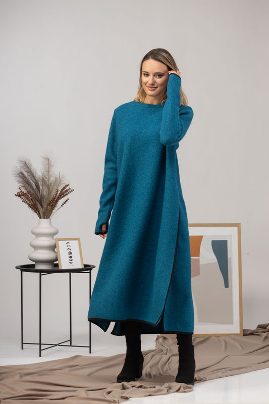 Teal Blue Boiled Wool Winter Sweater Dress front view - from NikkaPlace | Effortless fashion for easy living