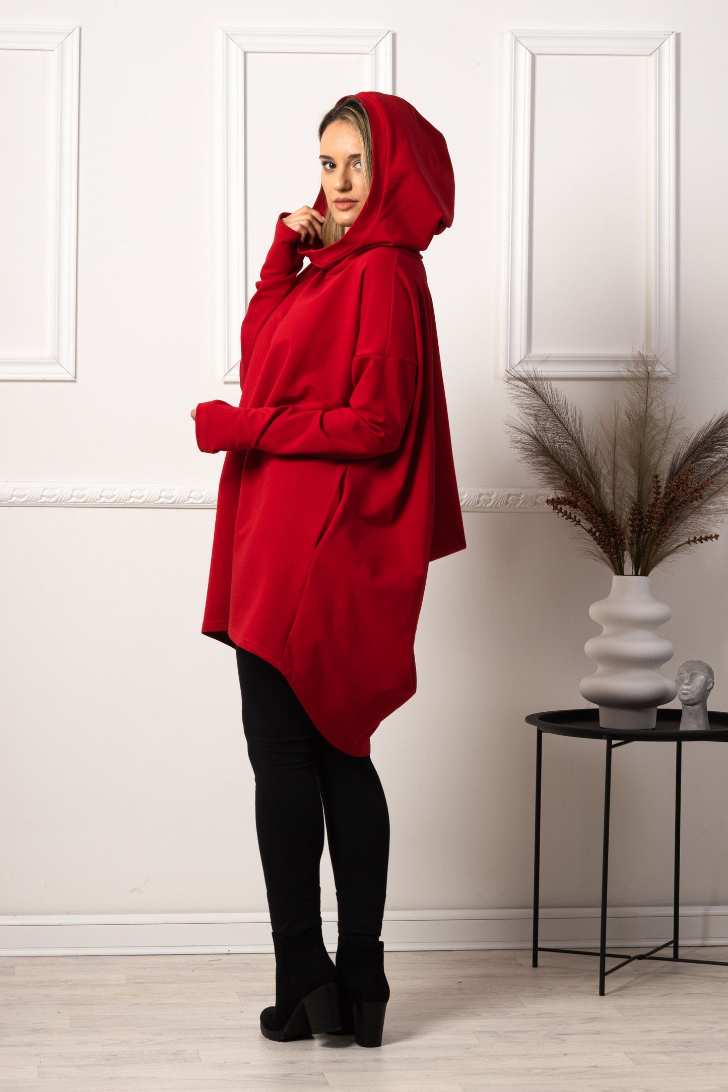 Red Oversized Hoodie with Thumb Holes