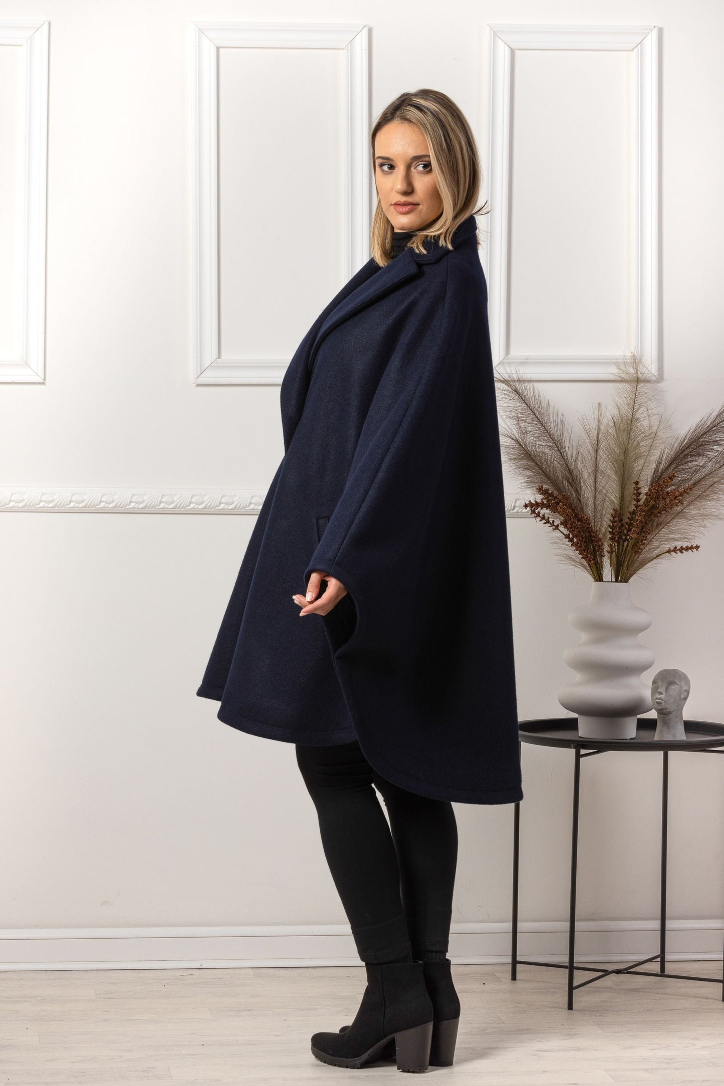 Elegant Dark Navy Wool Blend Cape Coat - from NikkaPlace | Effortless fashion for easy living
