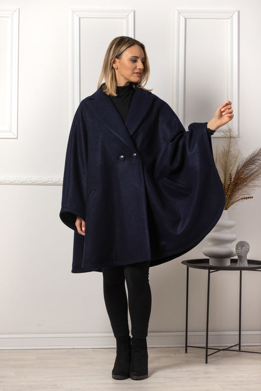 Dark Navy Collared Loose Cape Coat - from NikkaPlace | Effortless fashion for easy living