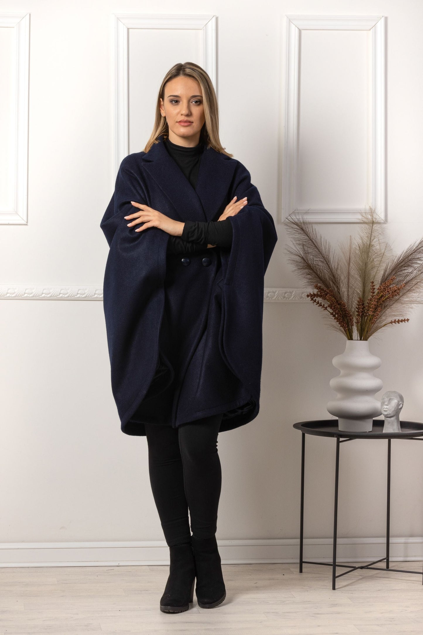 Stay warm and trendy with our Dark Navy Cape Coat - from NikkaPlace | Effortless fashion for easy living